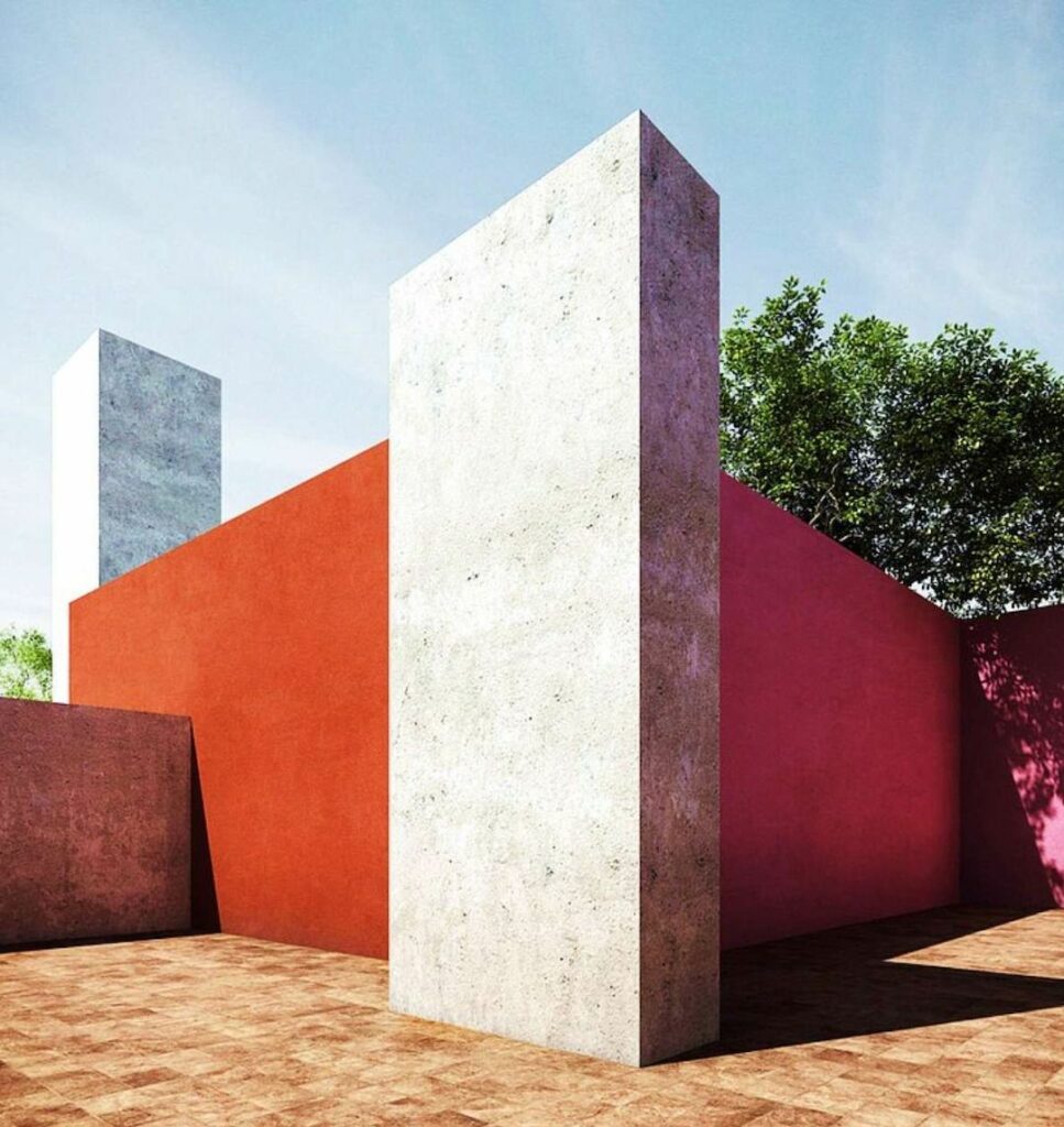 maison atelier luis Barragan architecte mexicain cour extérieure mur gris rose rouge béton