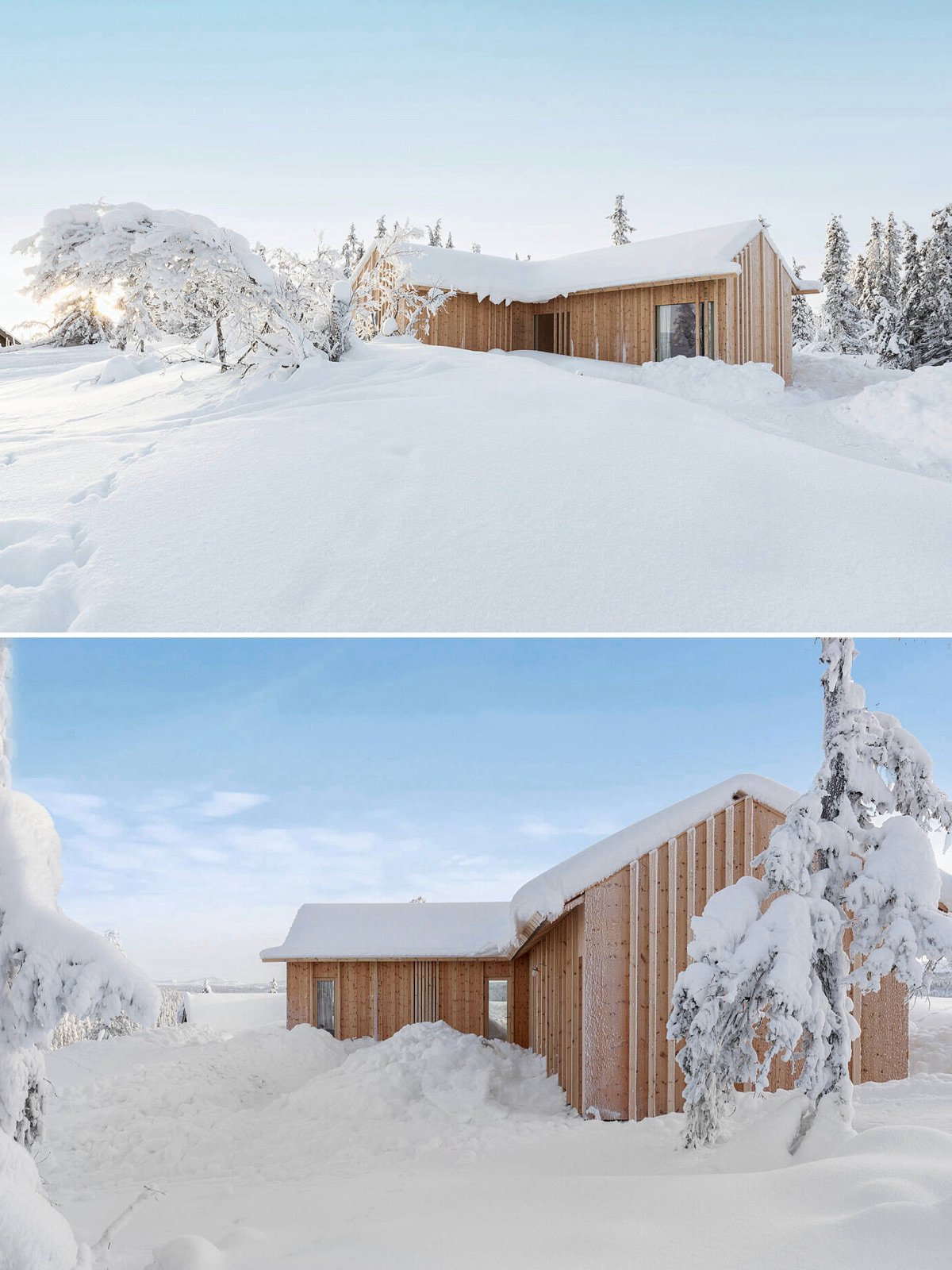 maison norvégienne sous neige en bois pin