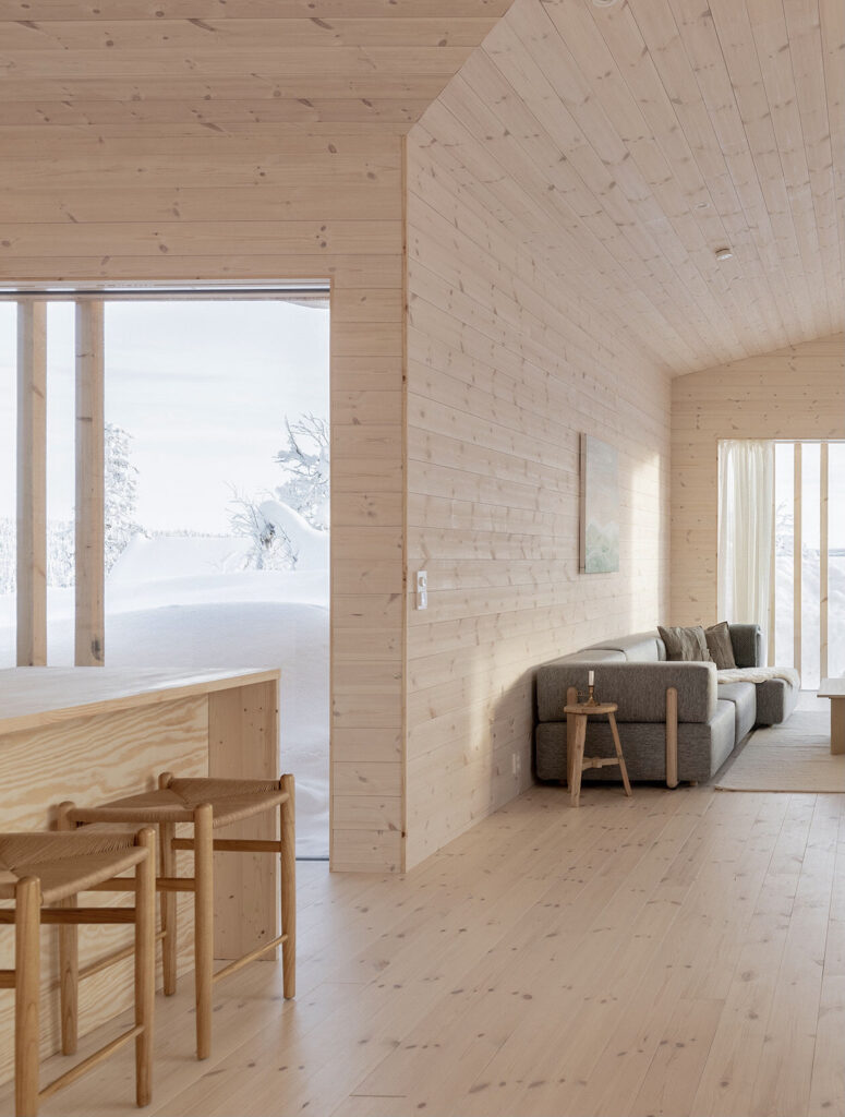 salon séjour lumineux mini chalet architecte norvégien
