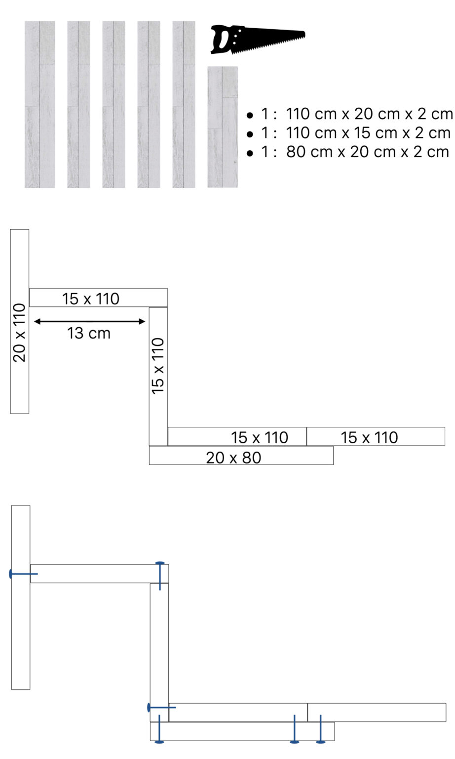 schéma fabriquer table suspendue balcon gain de place bois