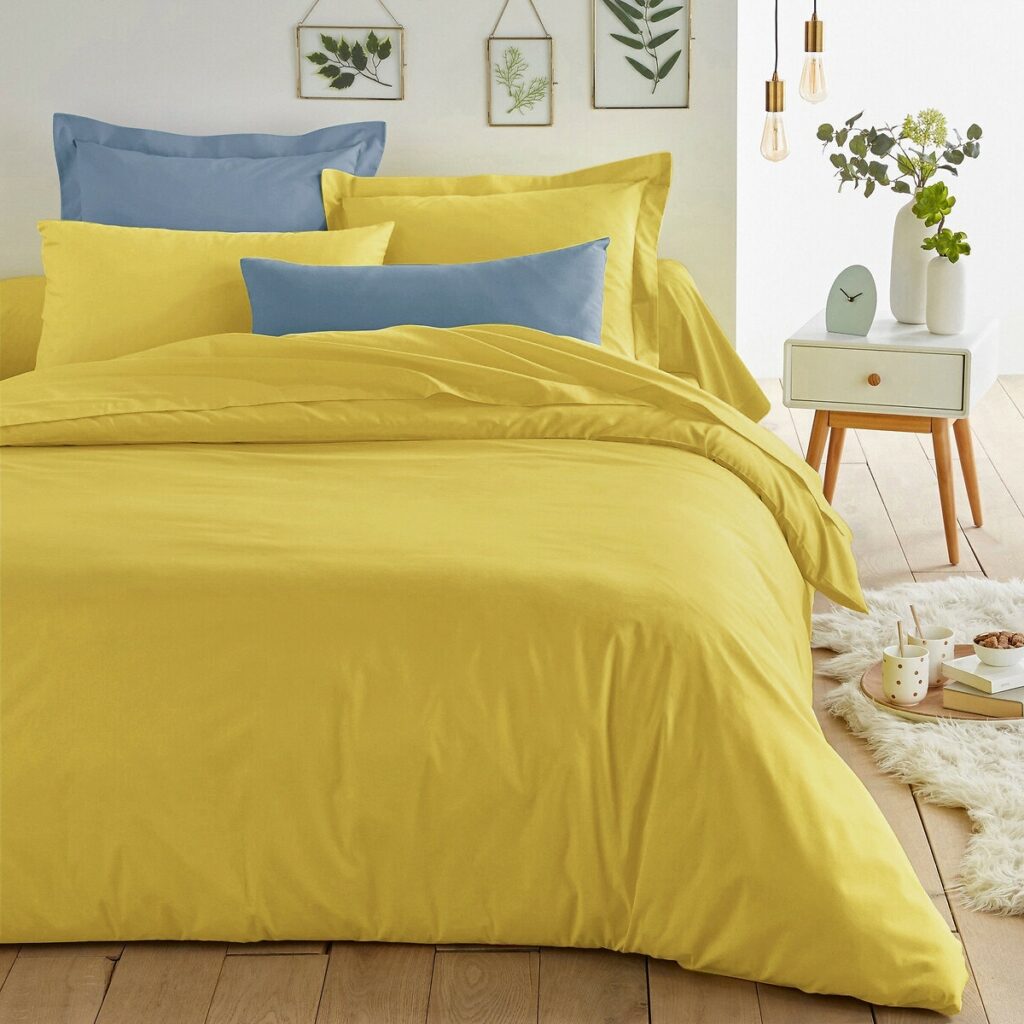 déco jaune chambre drap lumineux coton bleu pastel
