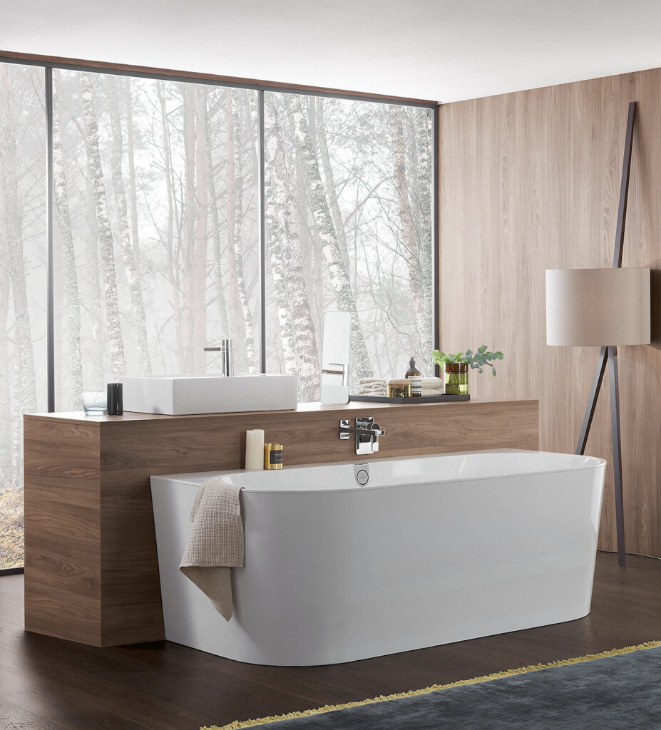salle de bains zen baignoire ilot bois