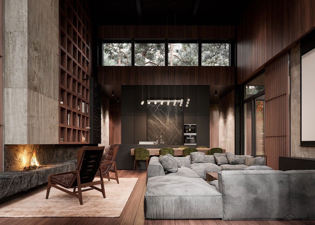 salon elegant design spacieux canapé gris cheminée