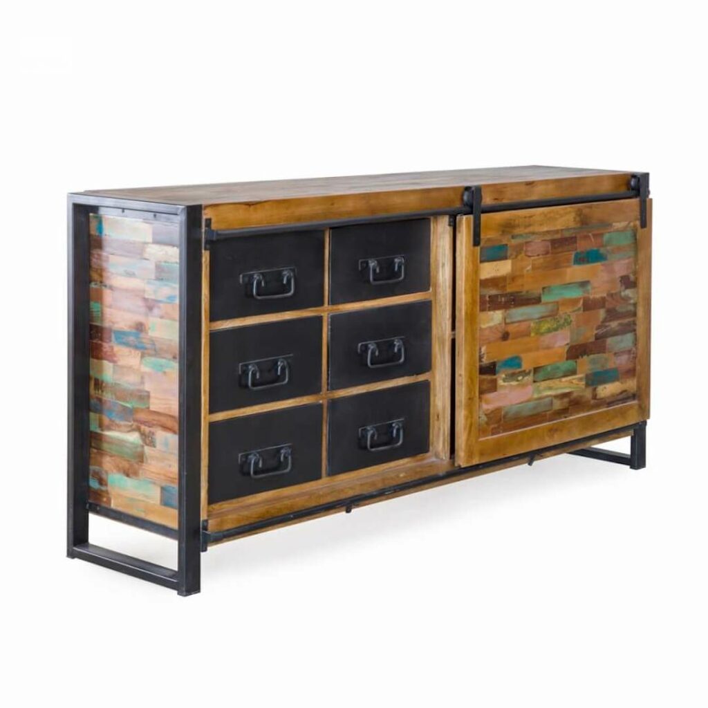 Buffet tiroirs industriel porte coulissante pieds 