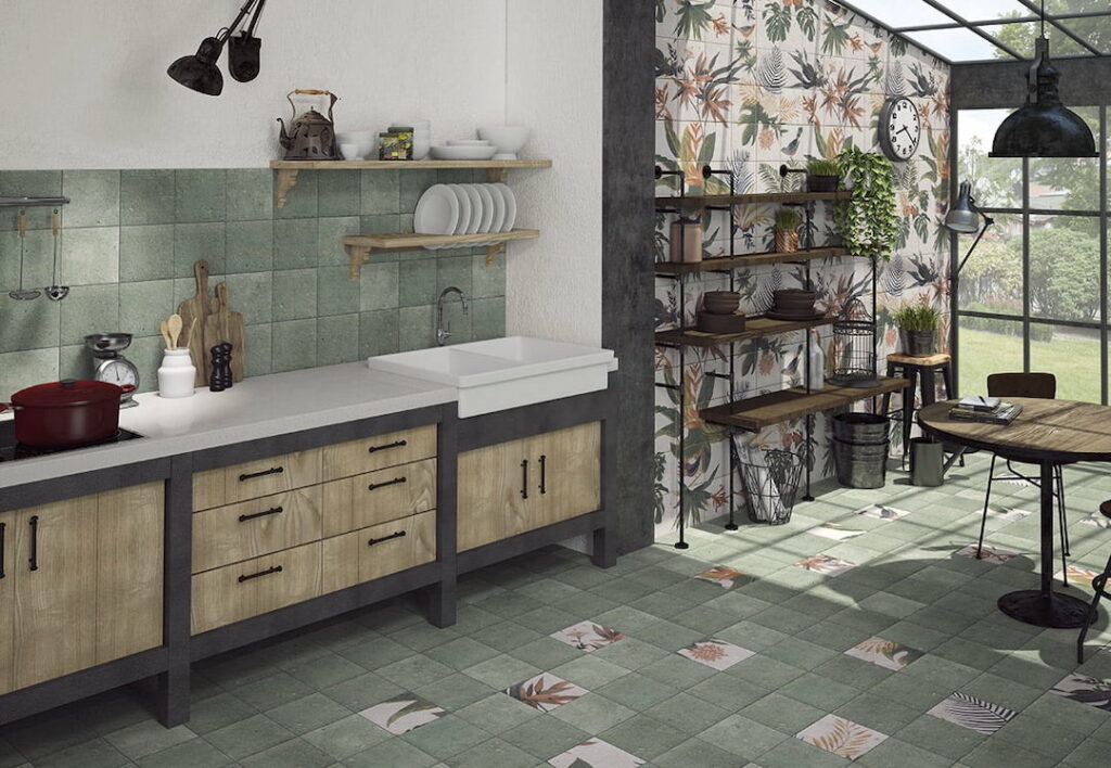 carrelage en ciment motif végétaux cuisine ouverte véranda