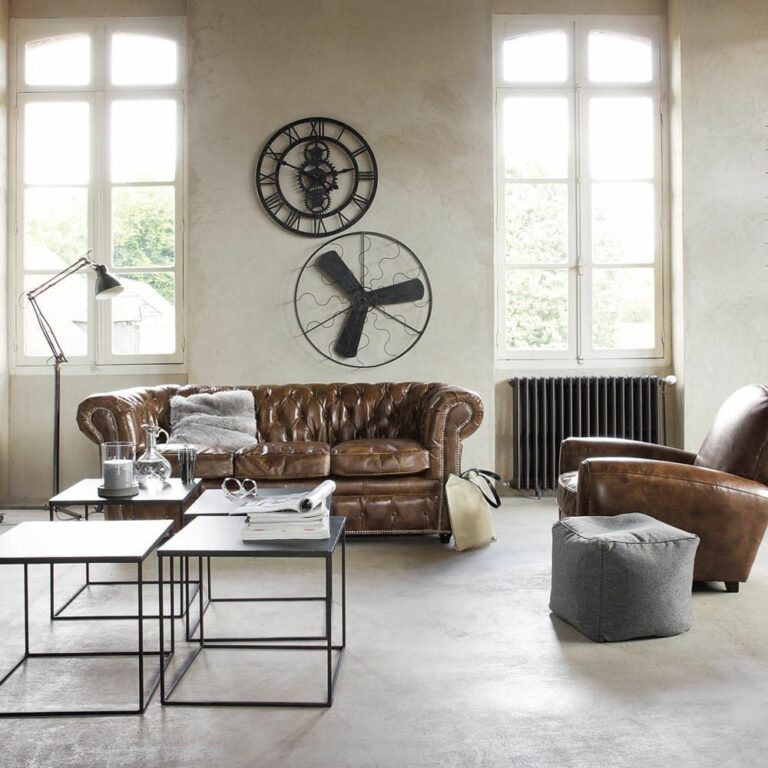 salon lumineux canapé marron cuir table basse design métal noir