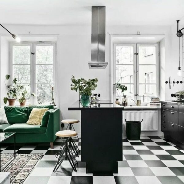 salon moderne design noir blanc vert laiton métal