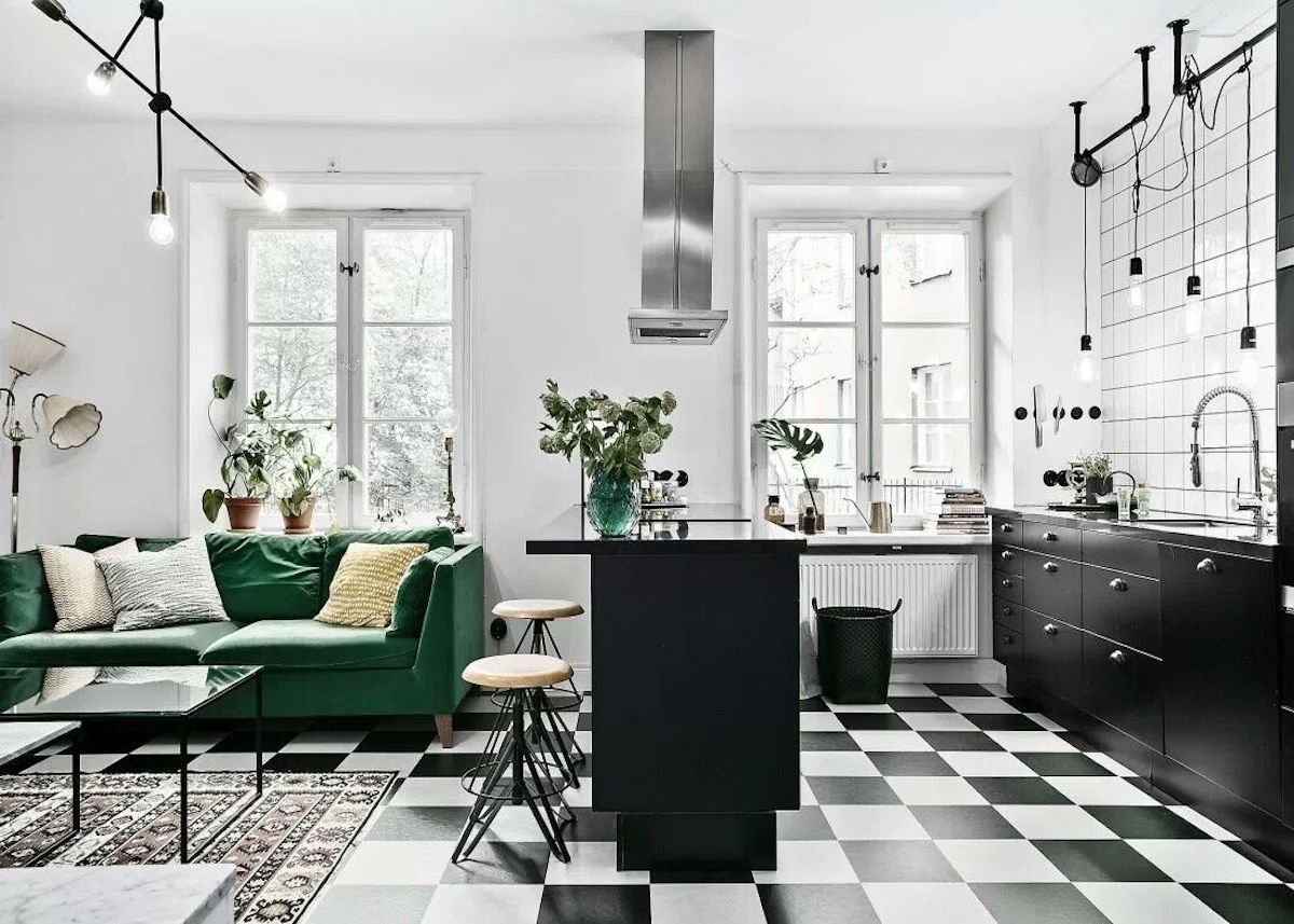 salon moderne design noir blanc vert laiton métal