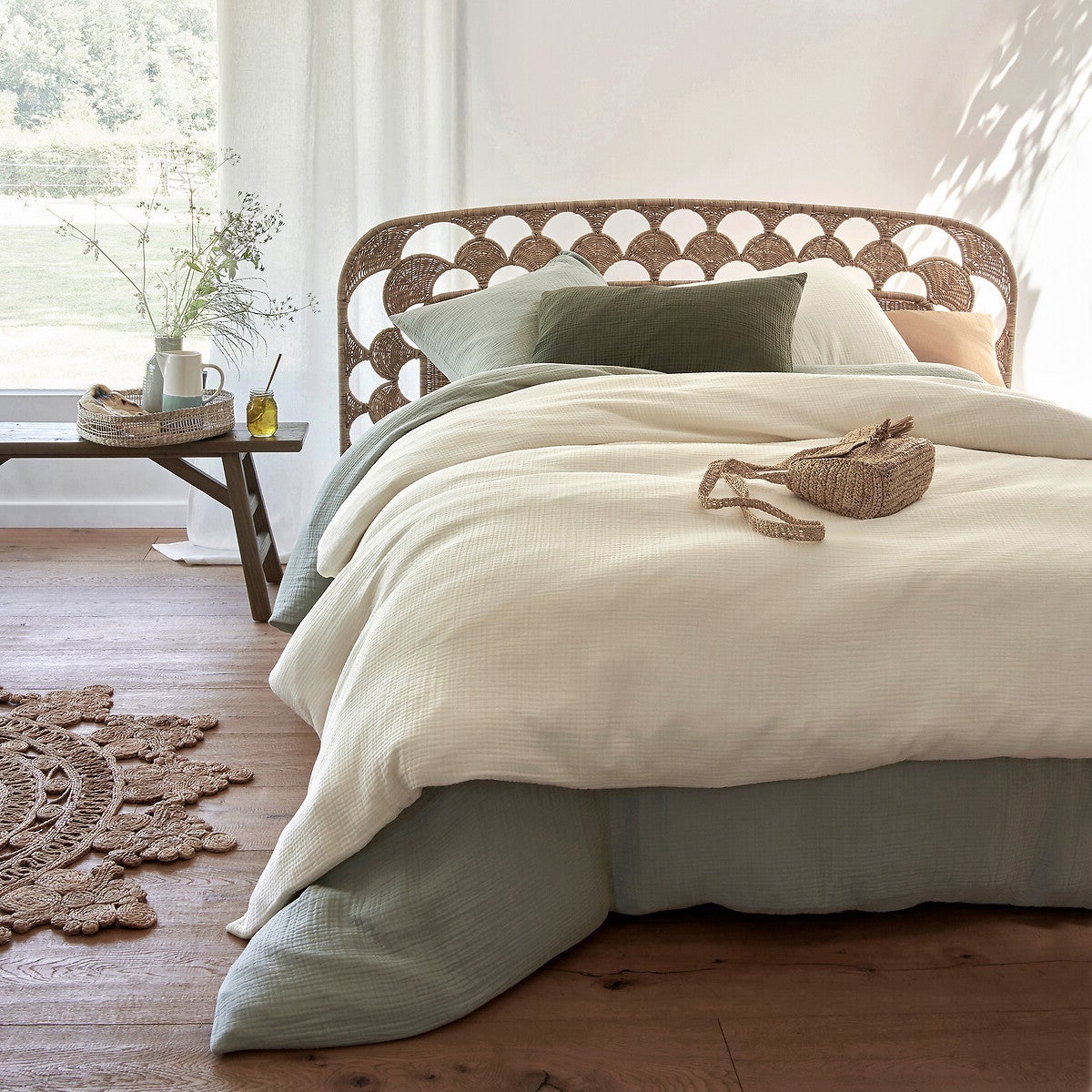 chambre bohème lit corde housse couette dépareillé gaze coton