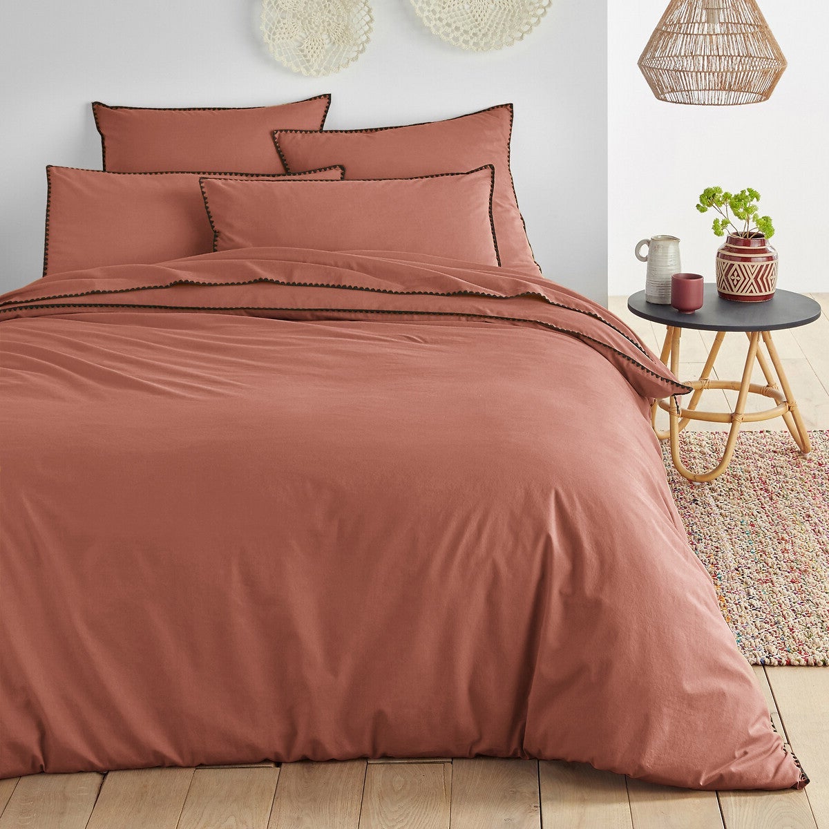 housse de couette terracotta pas chère surpiqure noire