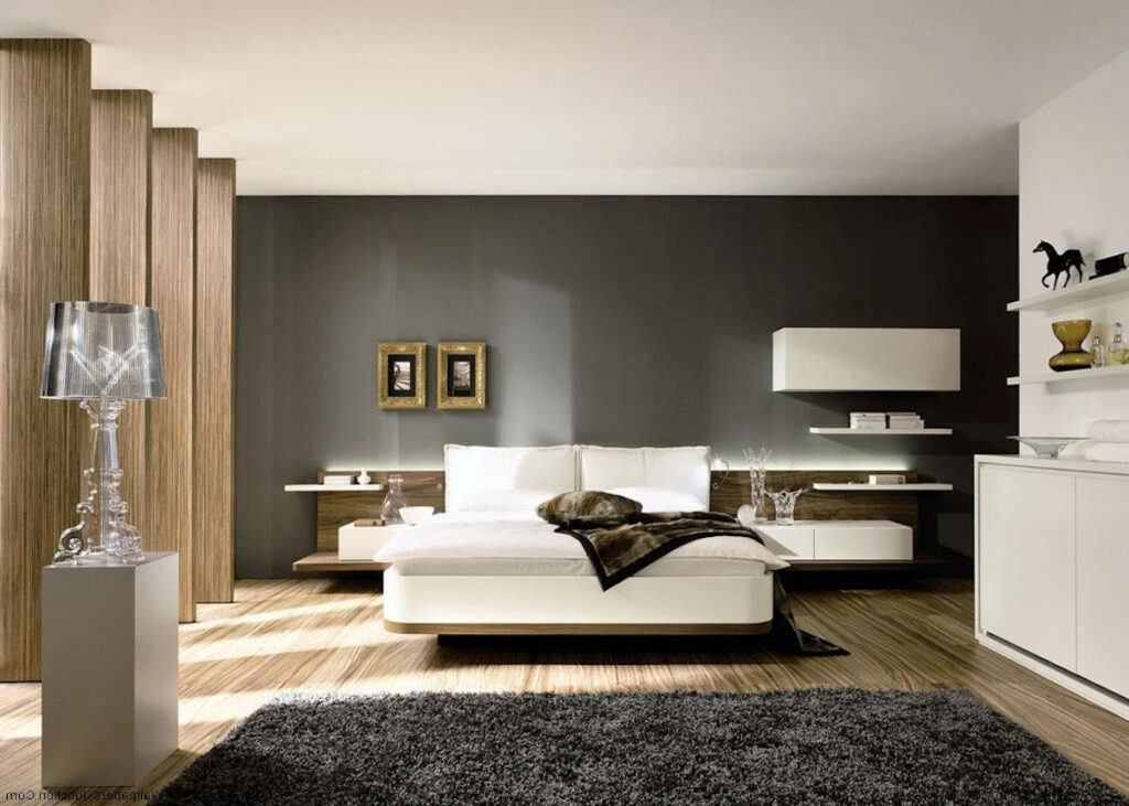 chambre déco chic design mur noir gris foncé meuble bois blanc