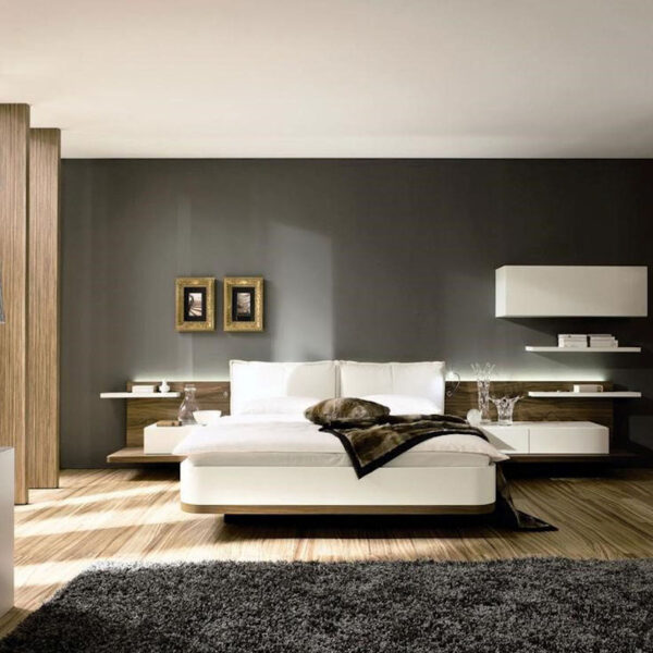 chambre déco chic design mur noir gris foncé meuble bois blanc