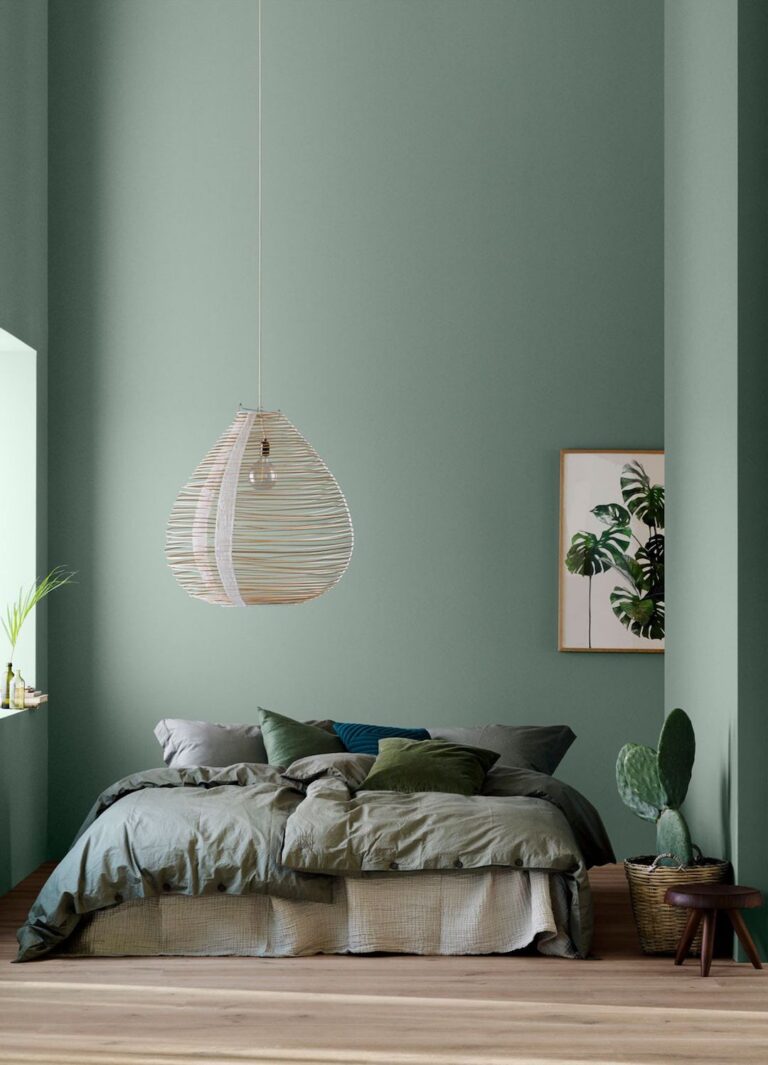 chambre vert suspension fibre naturelle parquet bois lamé