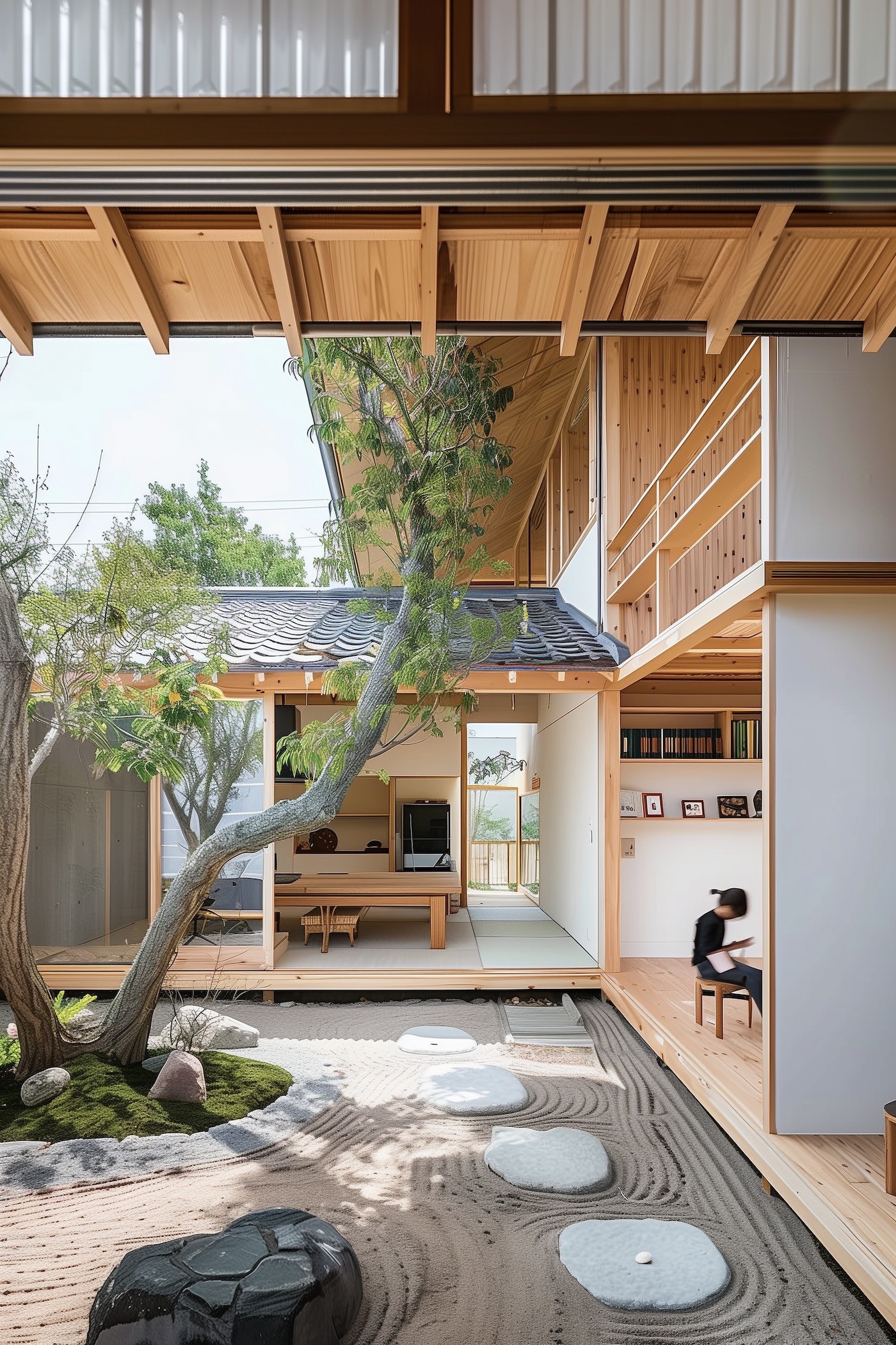 maison en bois ouverte patio pas japonais dalles