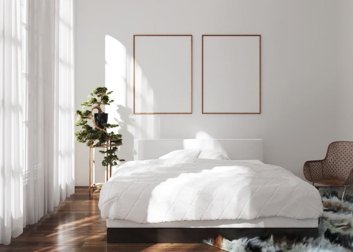 chambre minimaliste lit double parquet bois plante verte