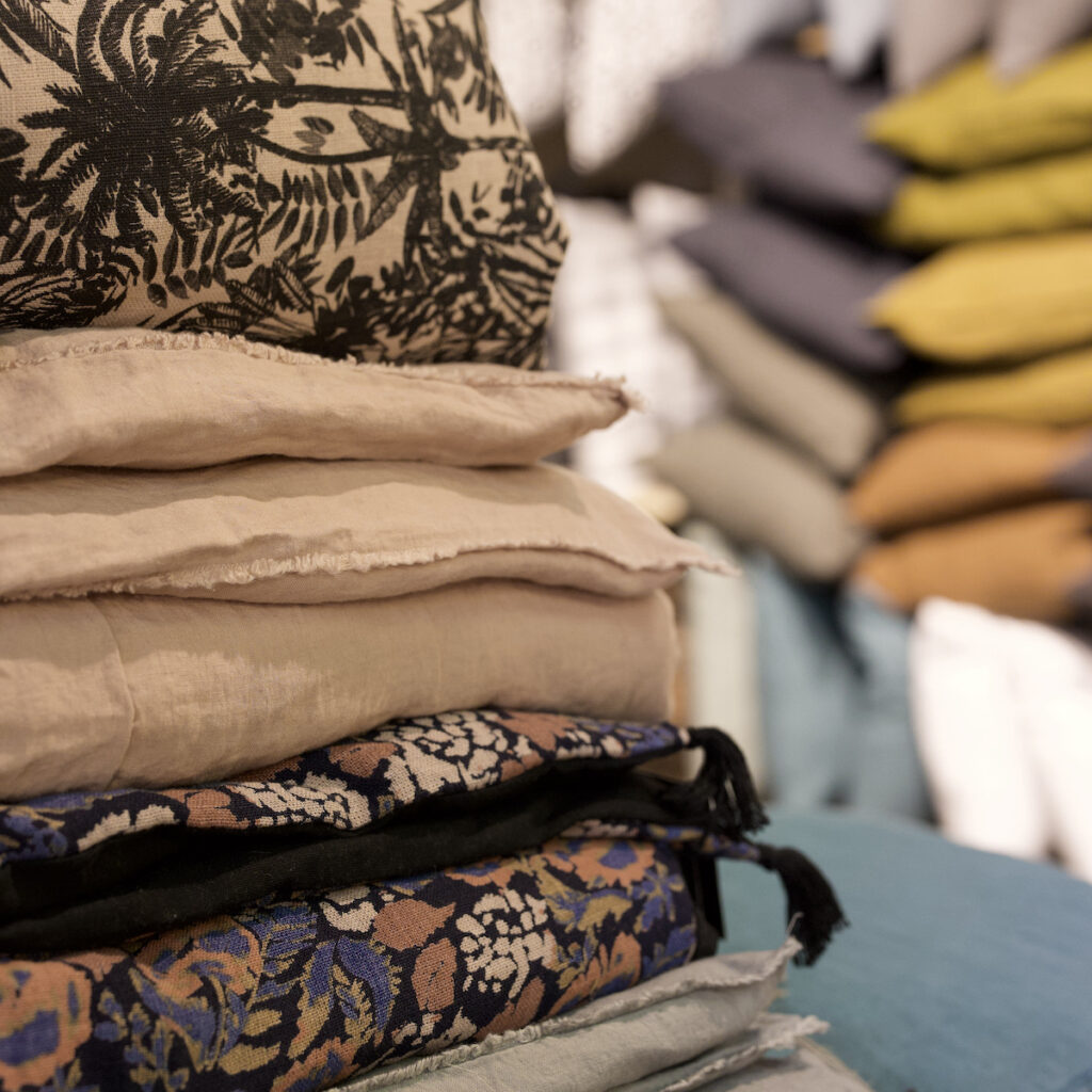 édredon lin lavé motif palmier toile de Jouy revisitée rétro