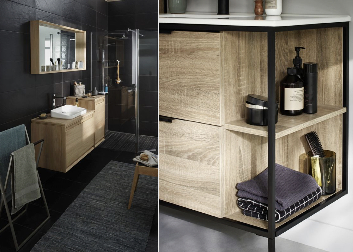 salle de bain noire et bois meuble design