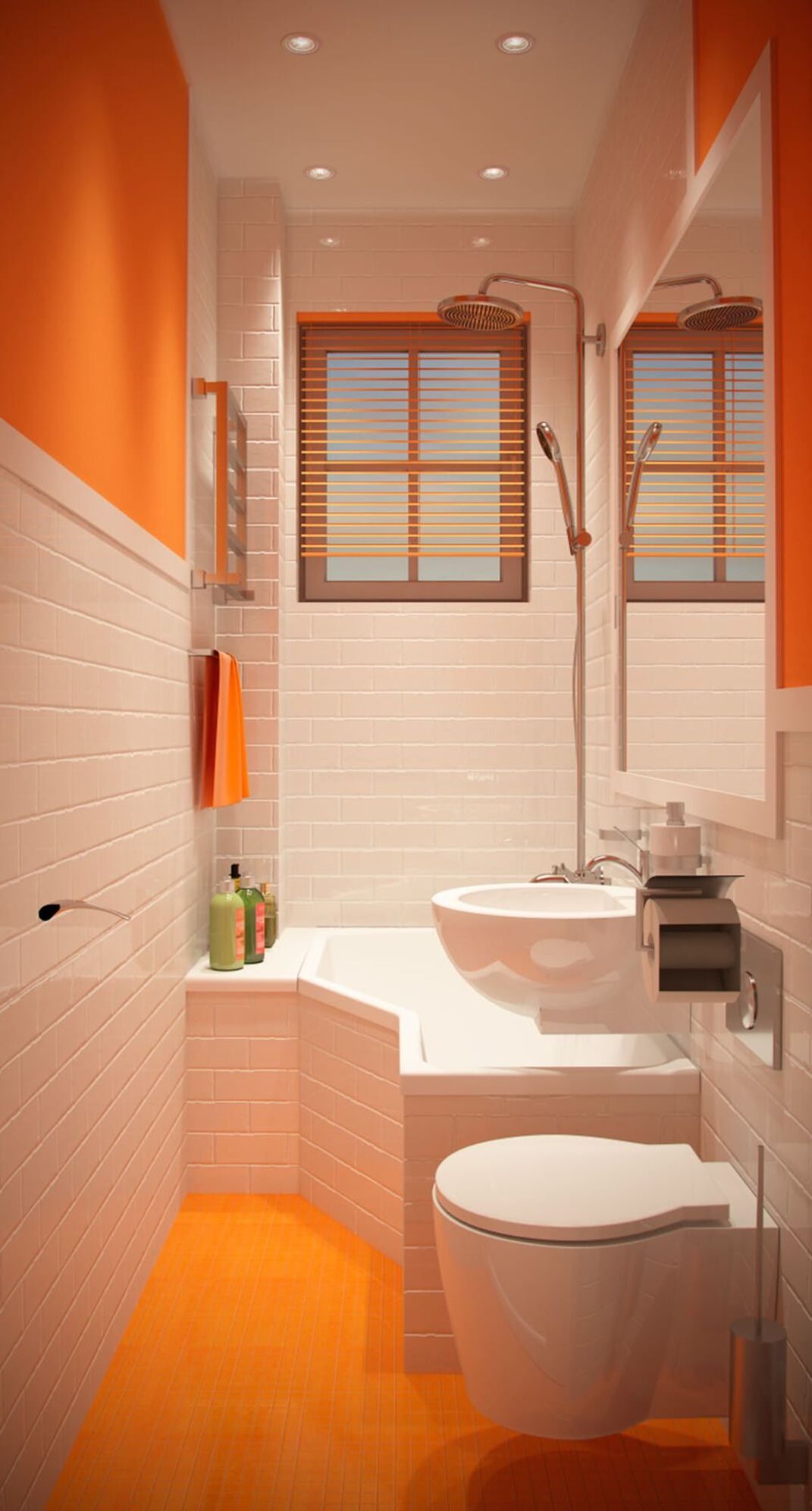 salle de bain orange mur carrelage blanc miroir rectangle spot lumineux