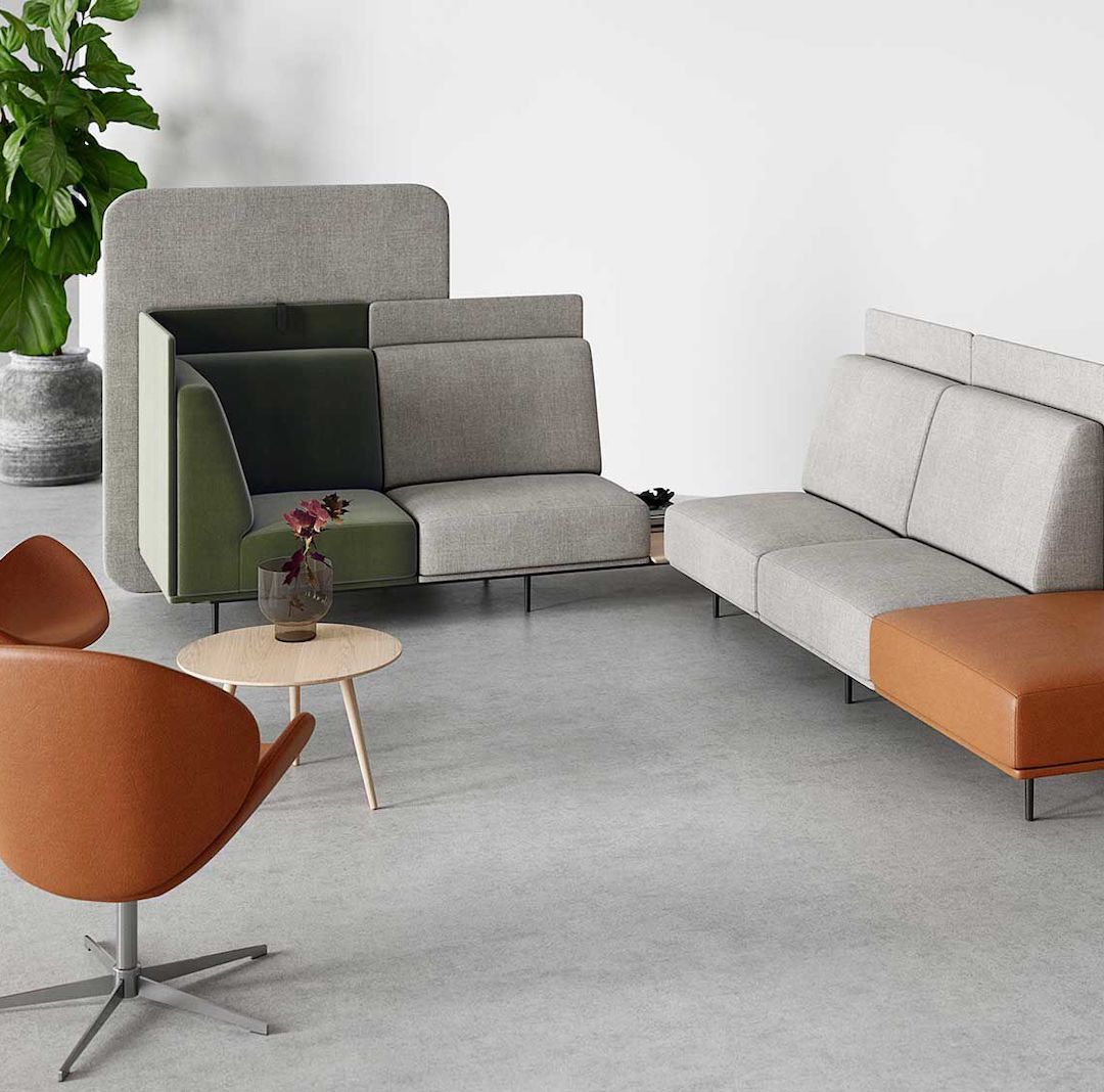 salon design rétro canapé multicouleur flexible modulable marron gris fauteuil accordé