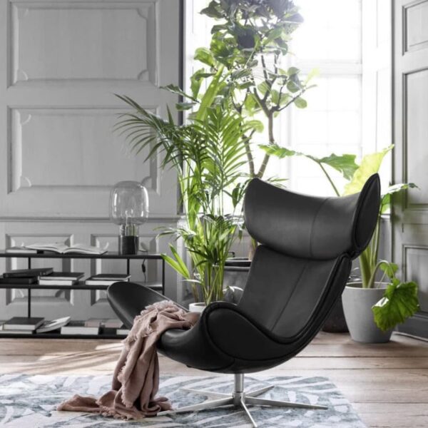 salon spacieux lumineux parquet bois fauteuil rond icône design cuir noir
