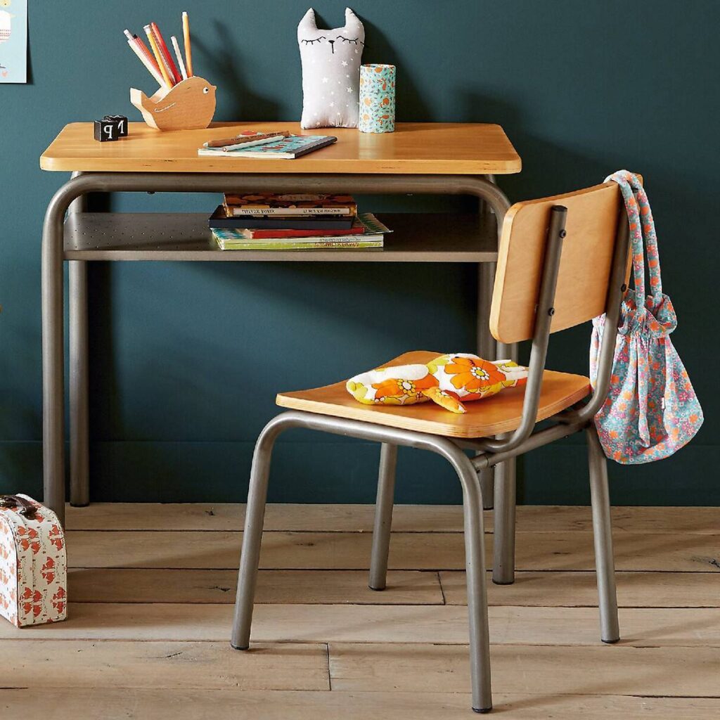 aménager chambre enfant déco rétro vintage chic mur bleu canard