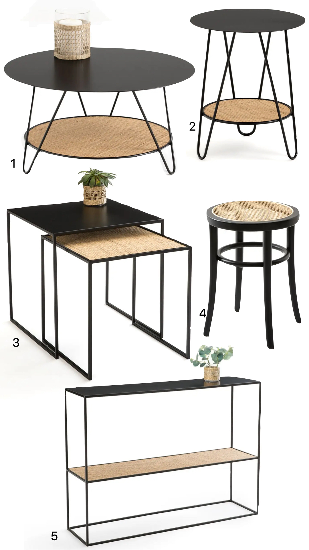meuble cannage bois noir métal table basse