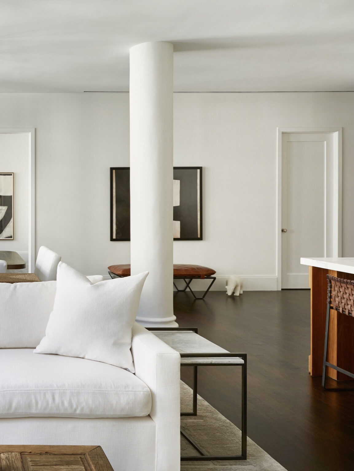 salon parquet bois foncé meuble blanc