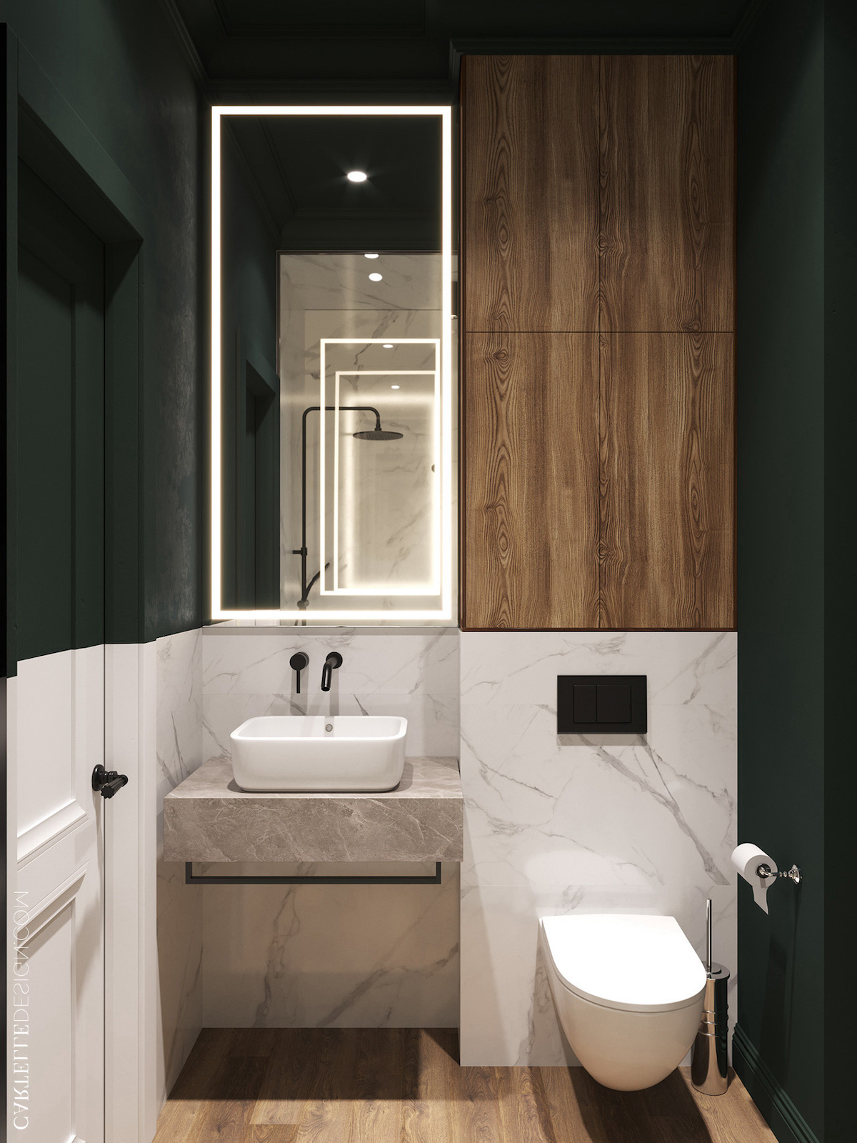 appartement aux murs foncés wc vert bois marbre moderne