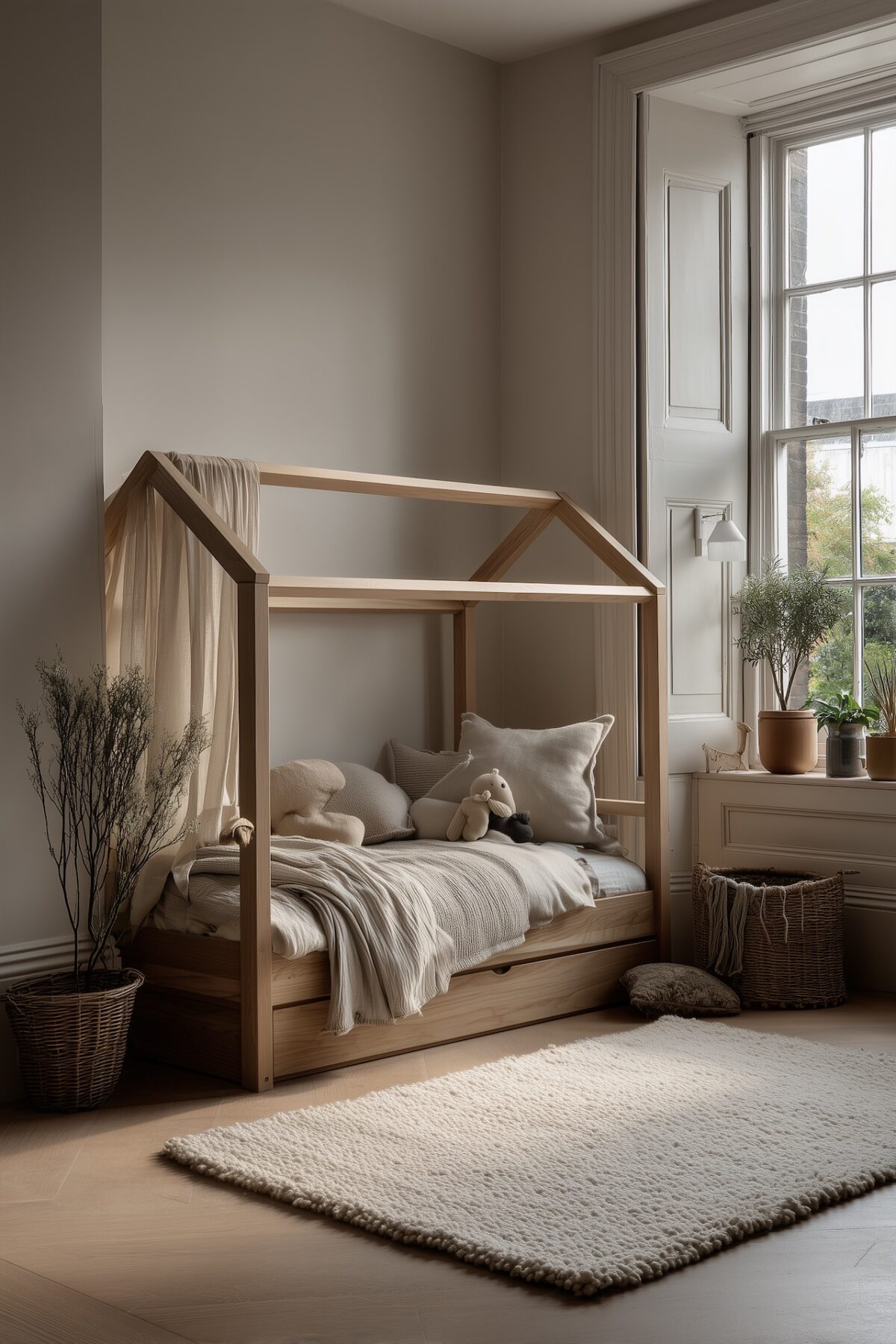 lit forme maison bois tiroirs rangement déco beige