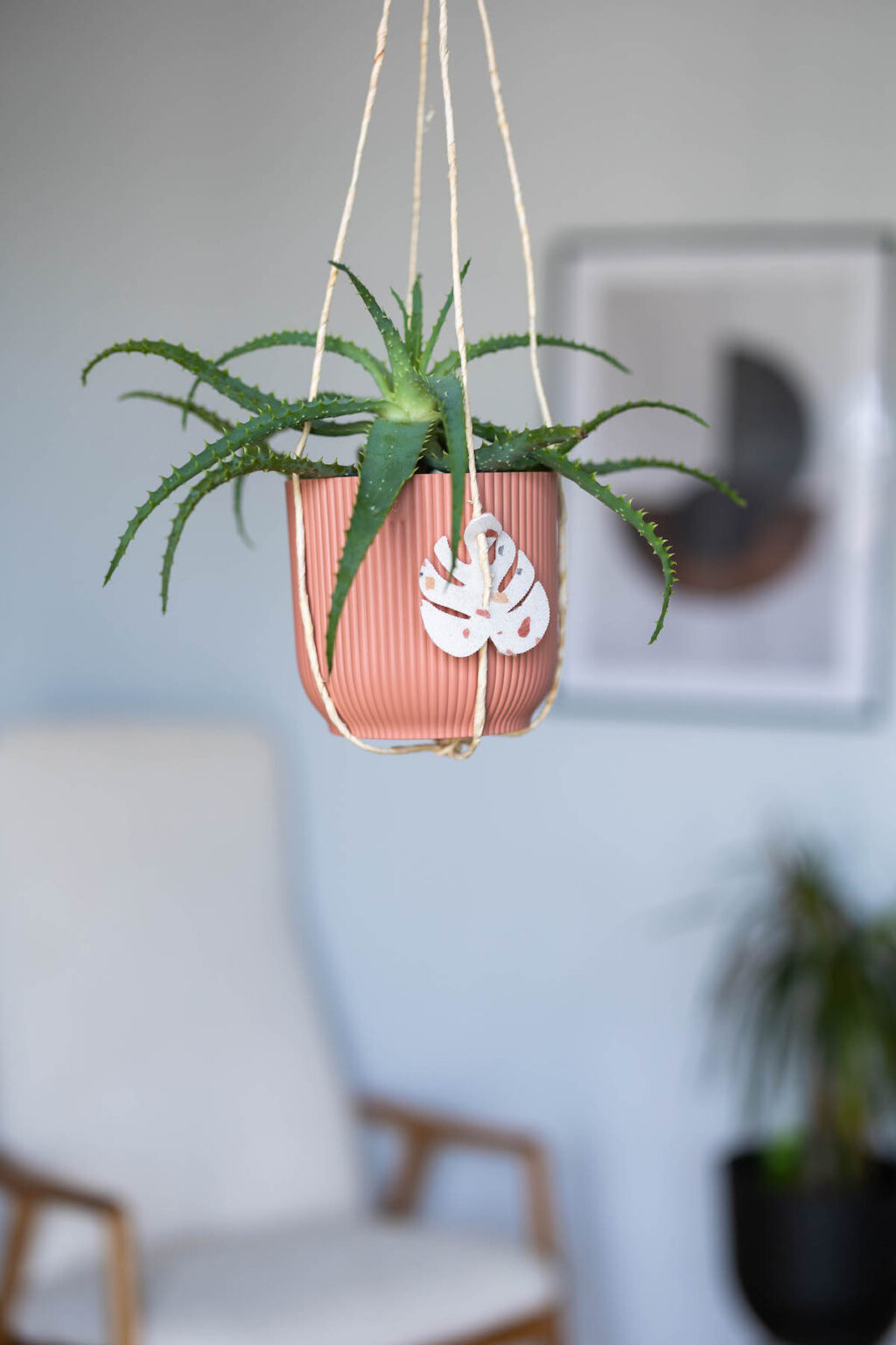 personnaliser cache pot suspendu plastique Elho rose poudré monstera