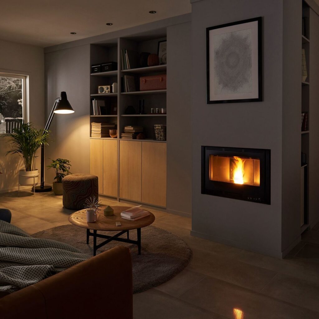 salon contemporain mur gris ambiance tamisée