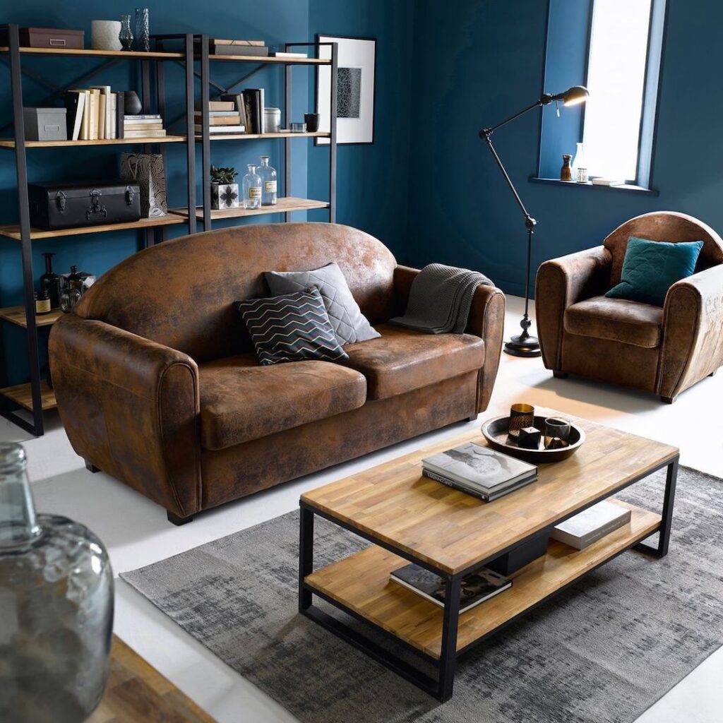 salon industriel fauteuil canapé club cuir marron chocolat