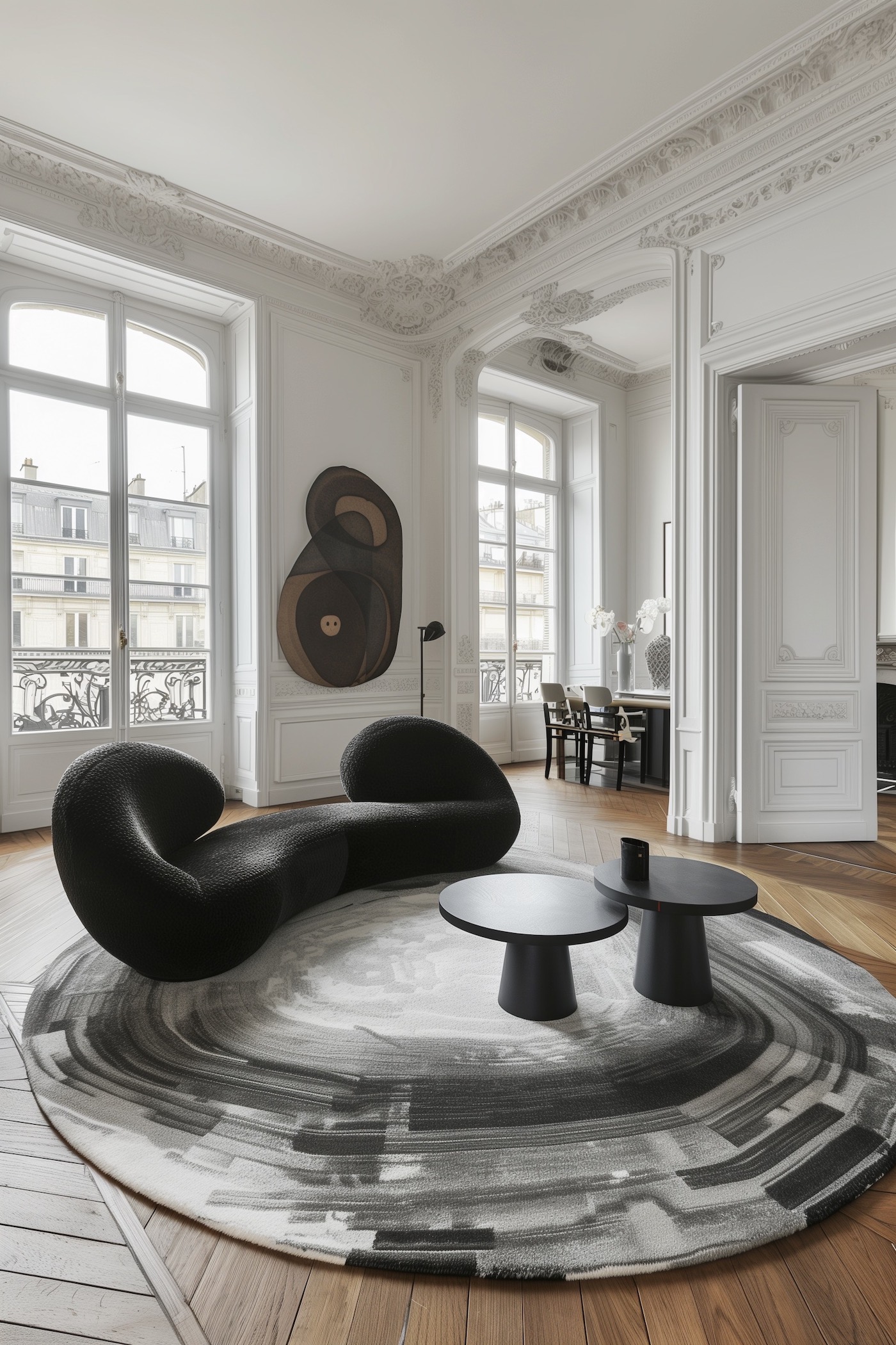 appartement Paris haussmann tapis rond gris déco noir blanc moderne