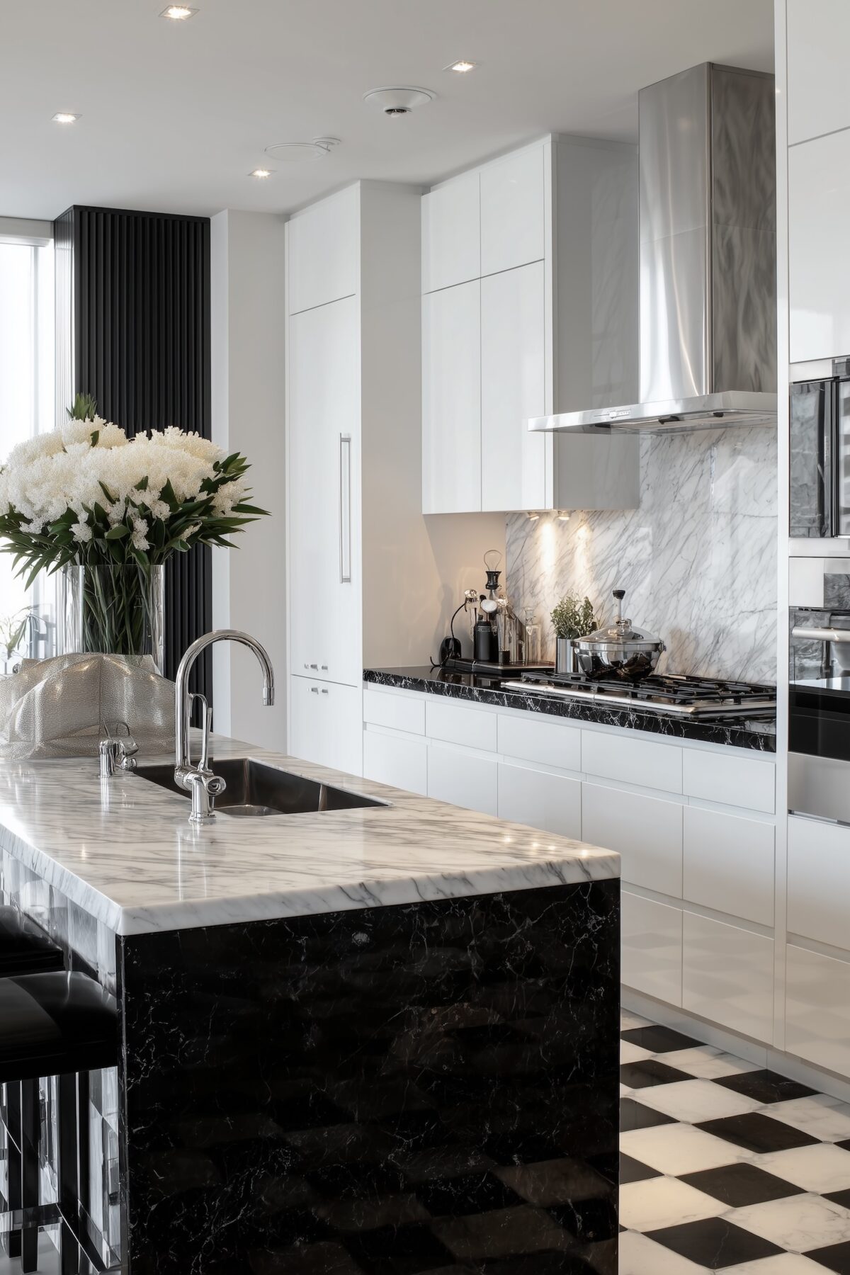 cuisine bleue foncé blanche marbre gris