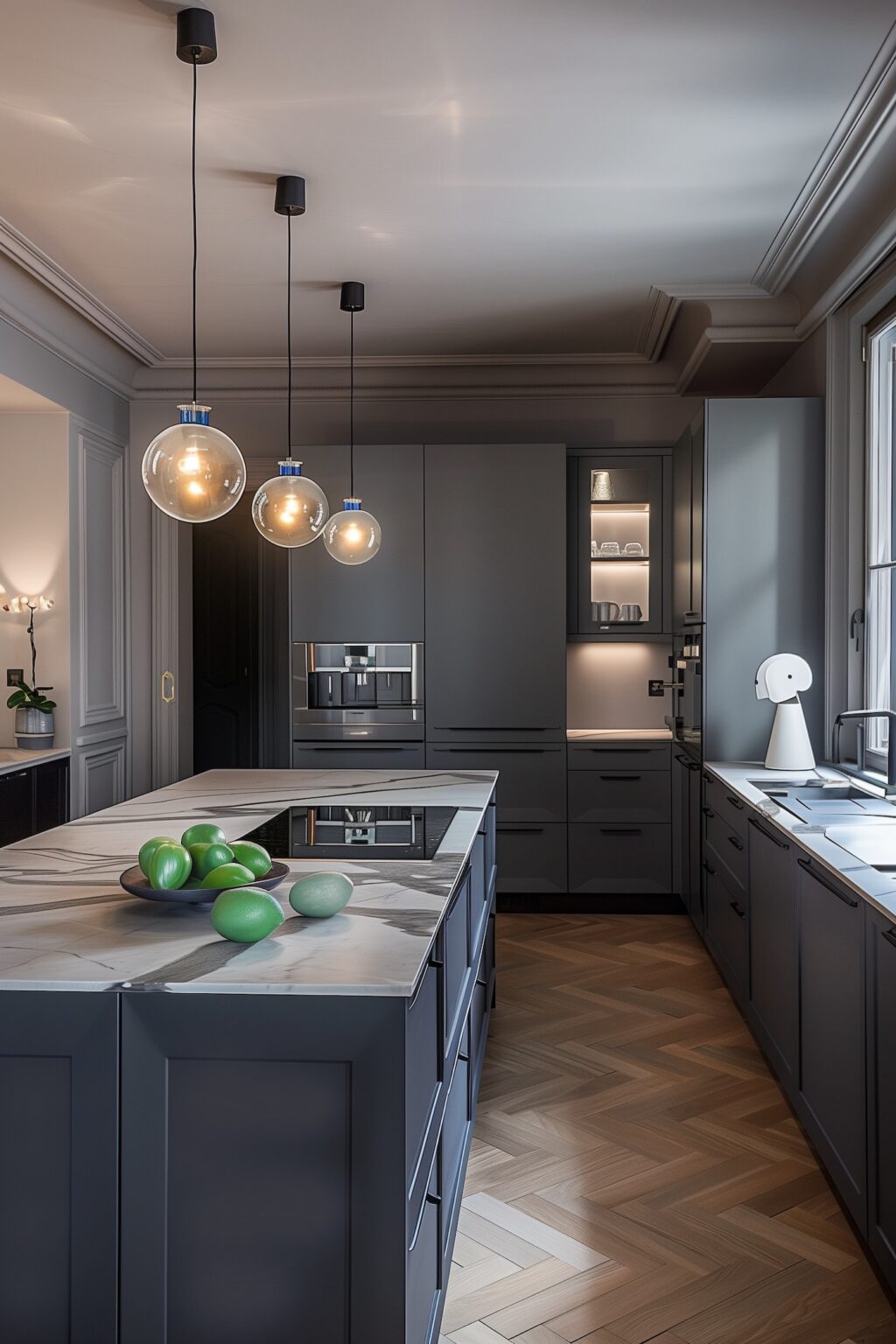 cuisine grise parquet point de Hongrie ilot marbre