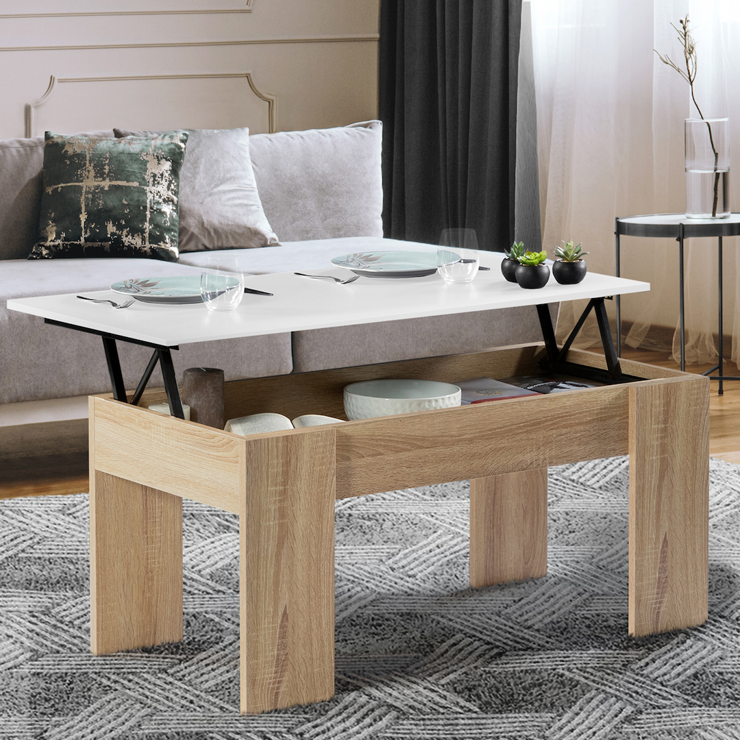 deco intérieure salon table bois nature blanc tapis gris