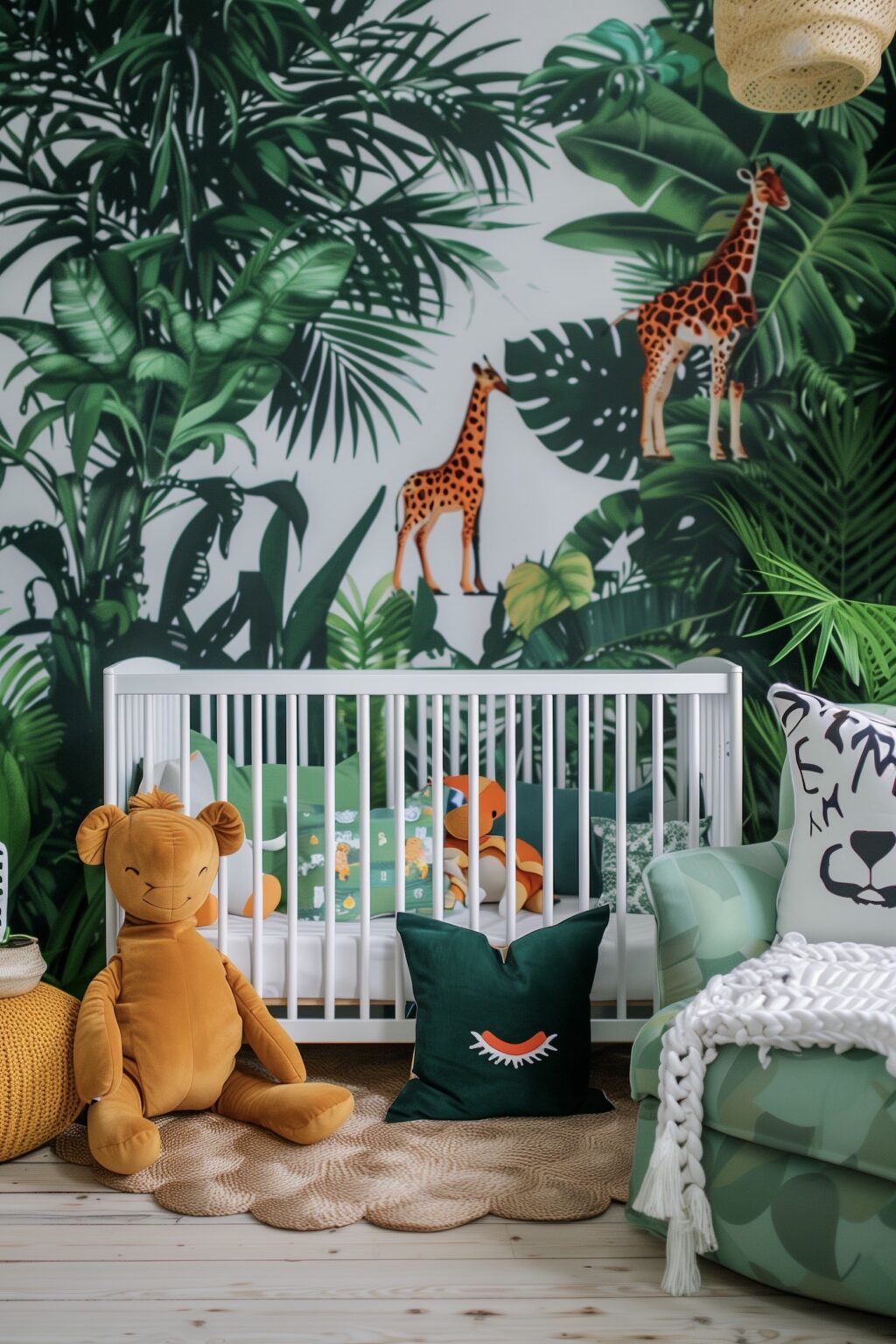 décoration chambre enfant bébé verte forêt girafe jaune