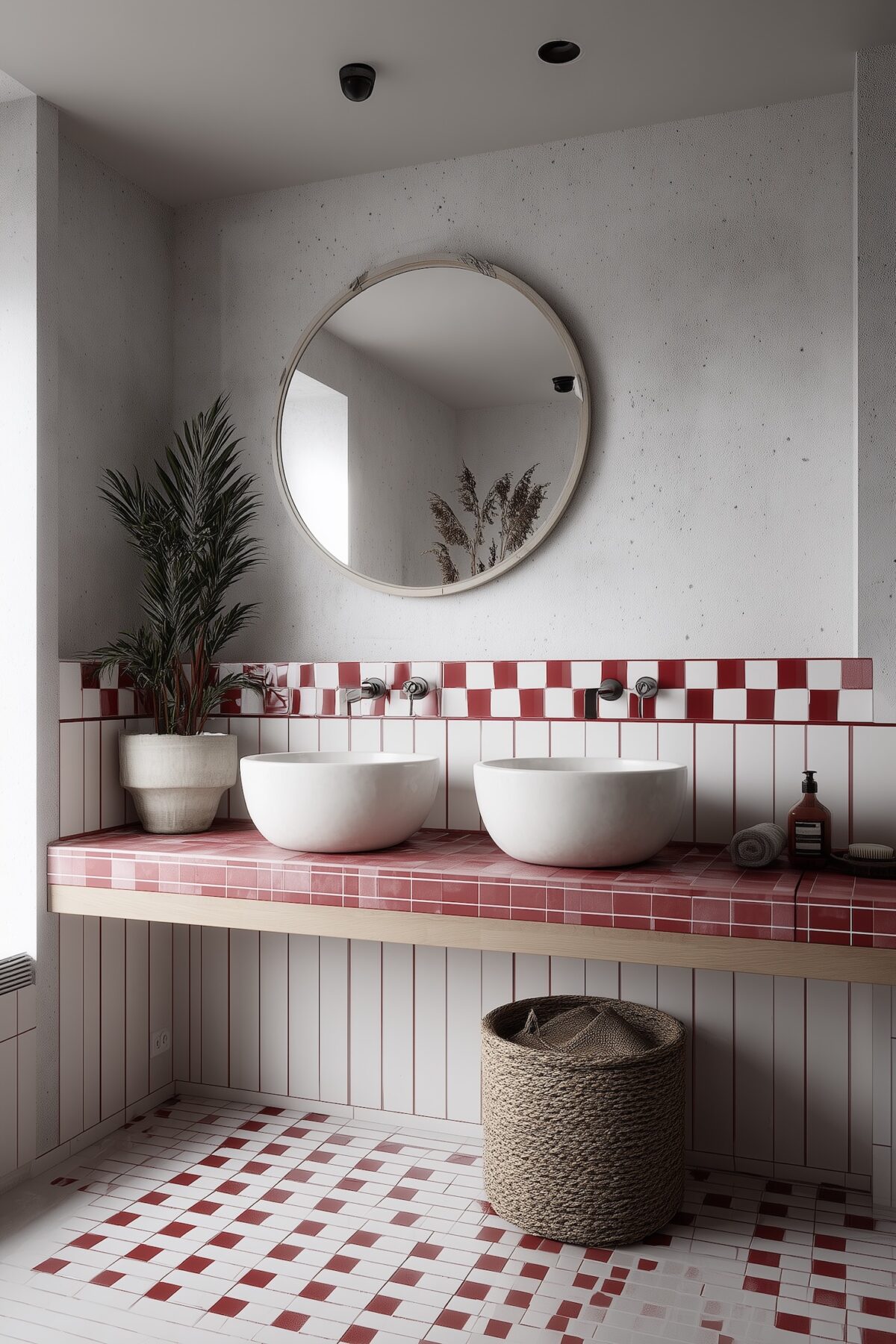 double vasque carrelage dépareillé graphique rouge blanc