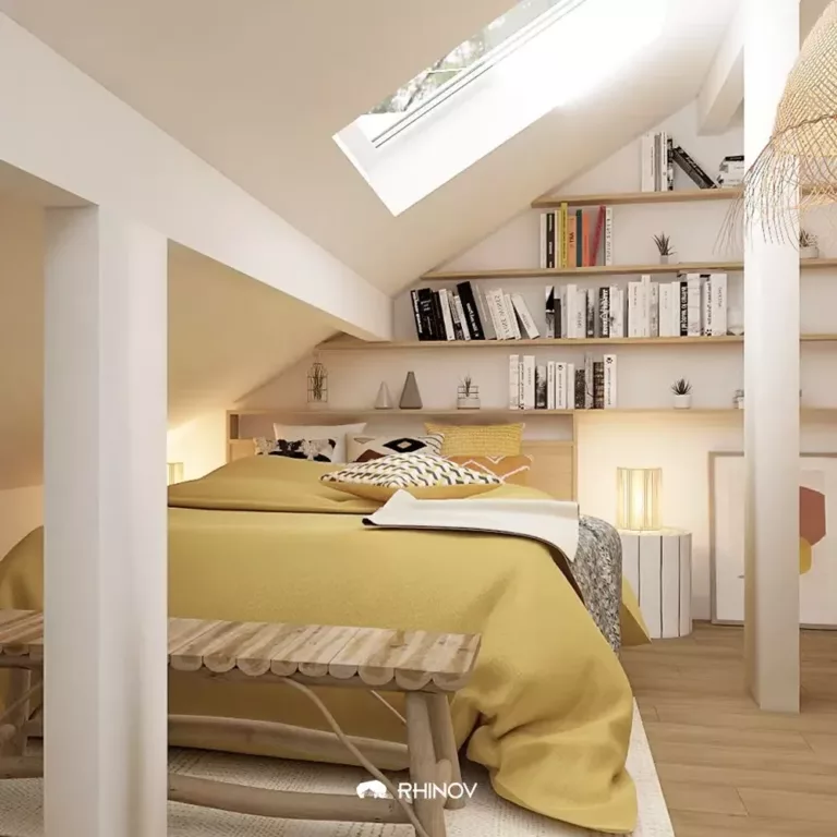 étagère sur mesure bois lit double plaid jaune suspension osier