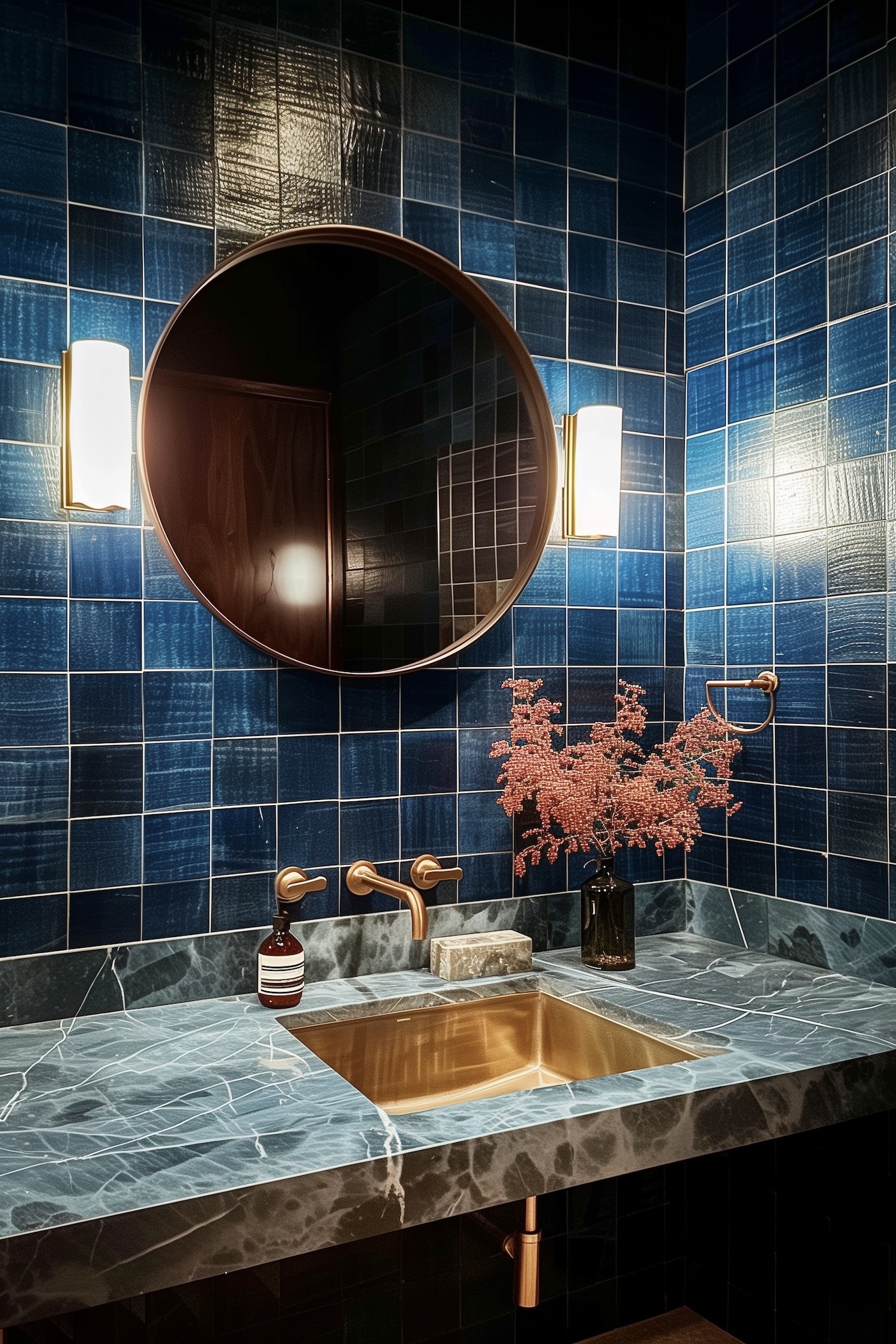 salle de bain luxueuse bleu lavabo marbre laiton