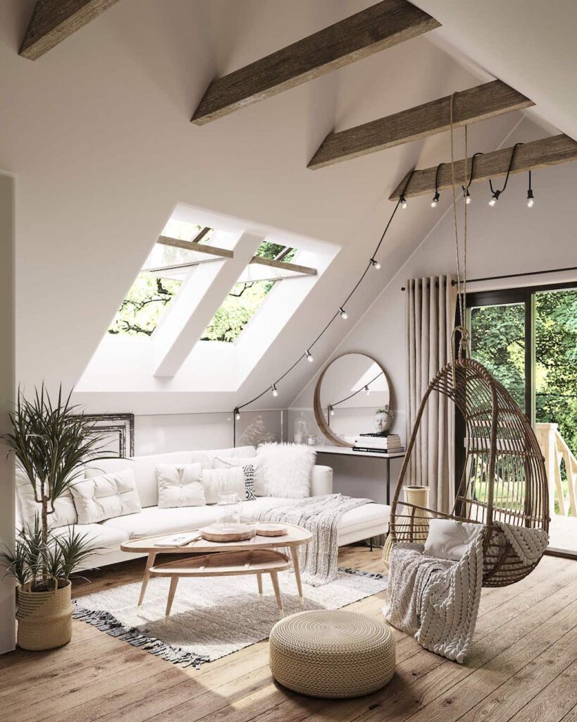 salon coin détente canapé blanc pouf rotin fauteuil suspendu deco champêtre