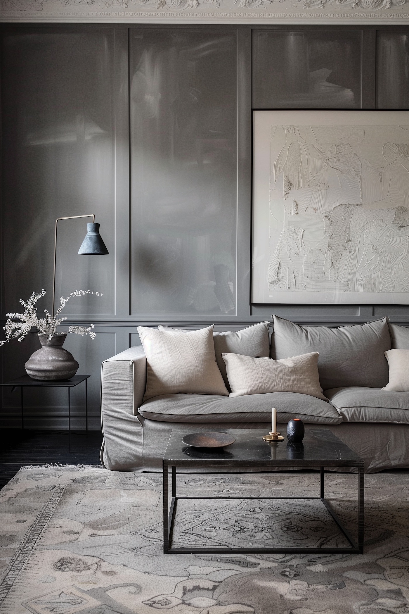 salon gris blanc total look scandinave moderne