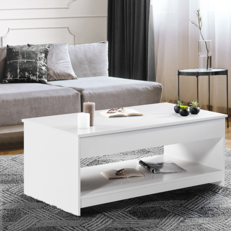 table basse plateau amovible blanche brillante tapis gris