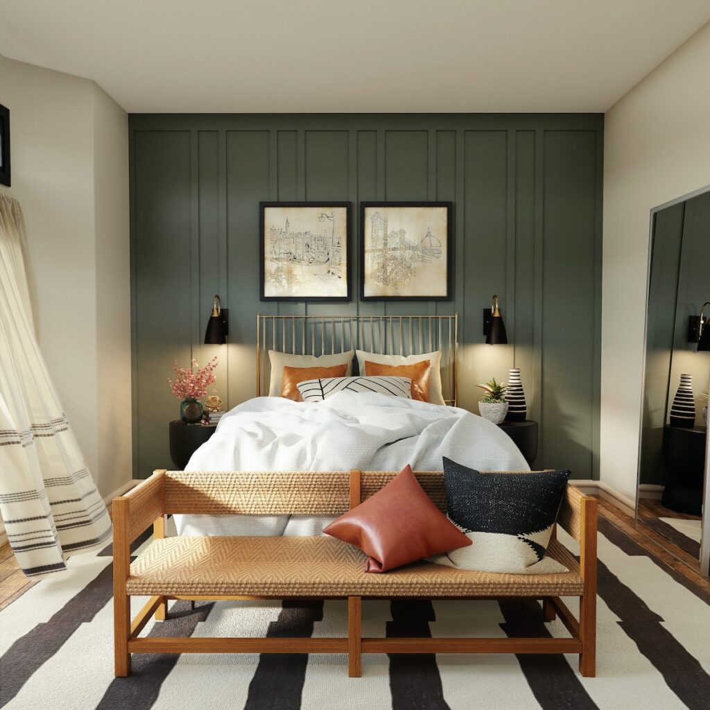 chambre noir blanc marron cuir mur vert déco ethnique