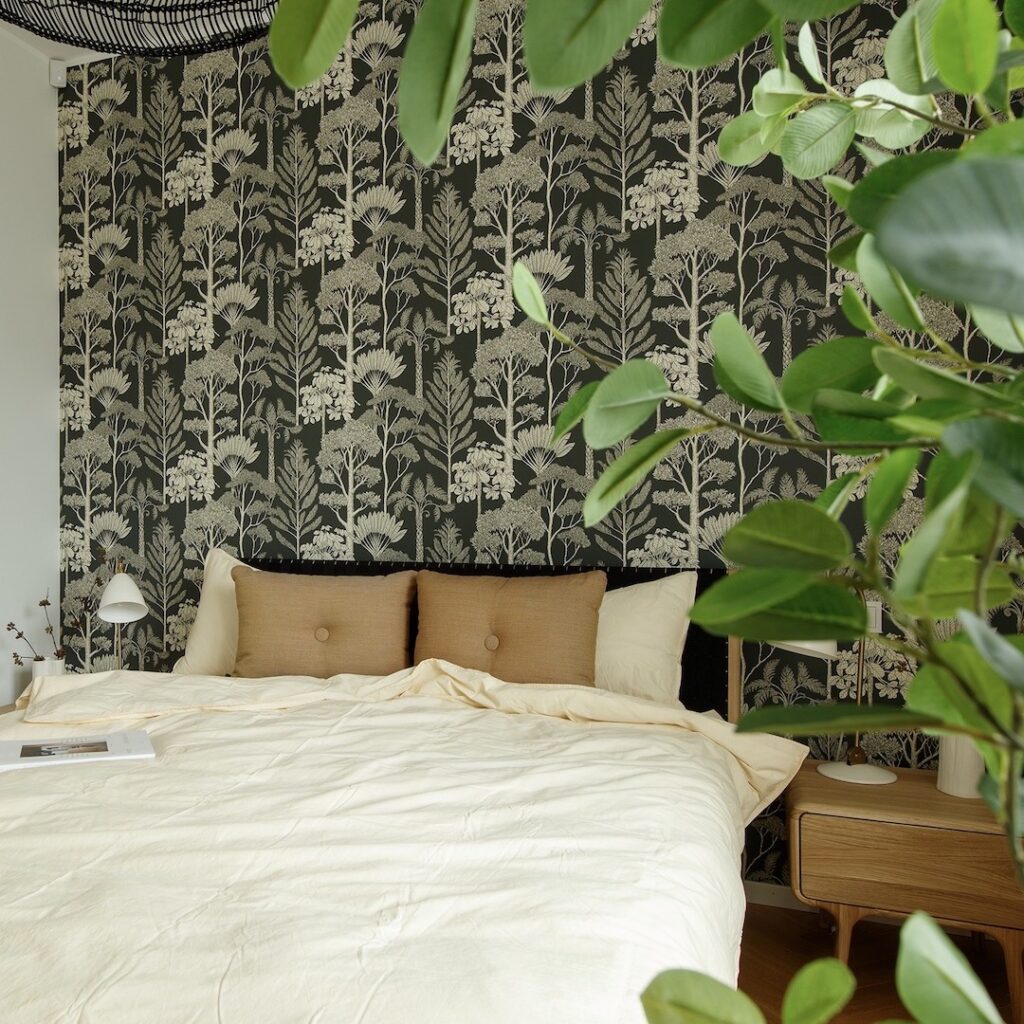 chambre thème jungle classe chic beige vert foncé