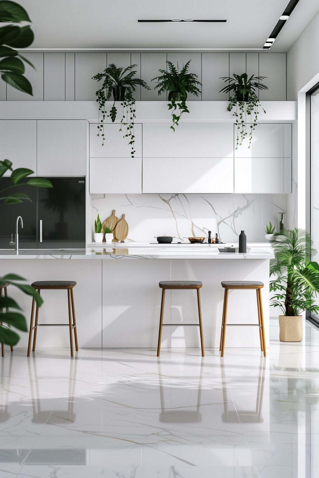 cuisine toute blanche sol effet marbre brillant