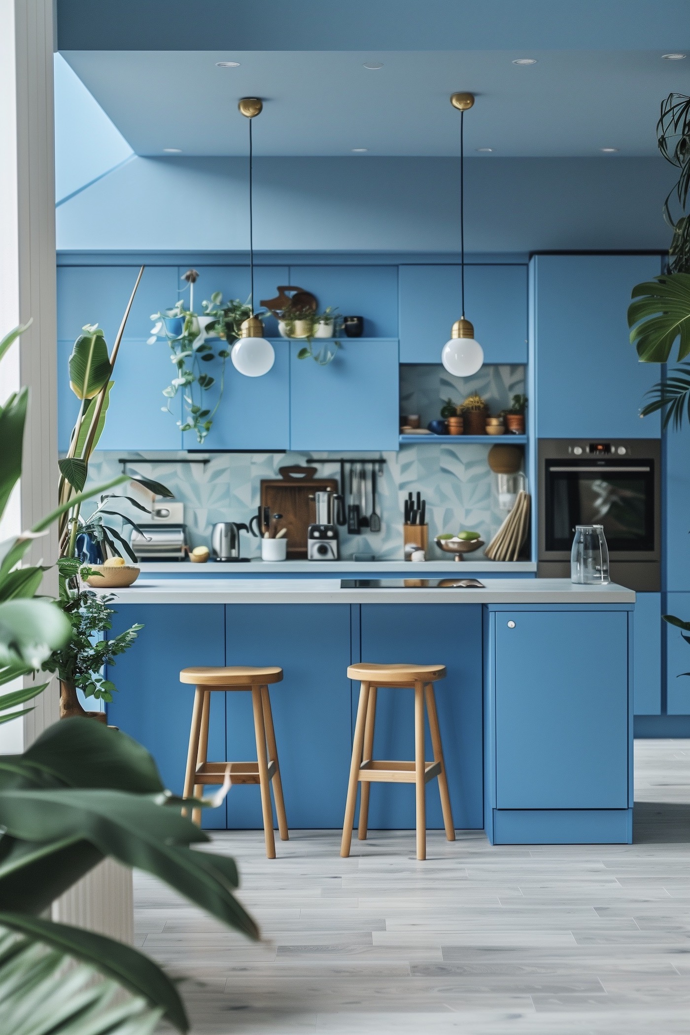 décorer sa cuisine bleue avec des plantes