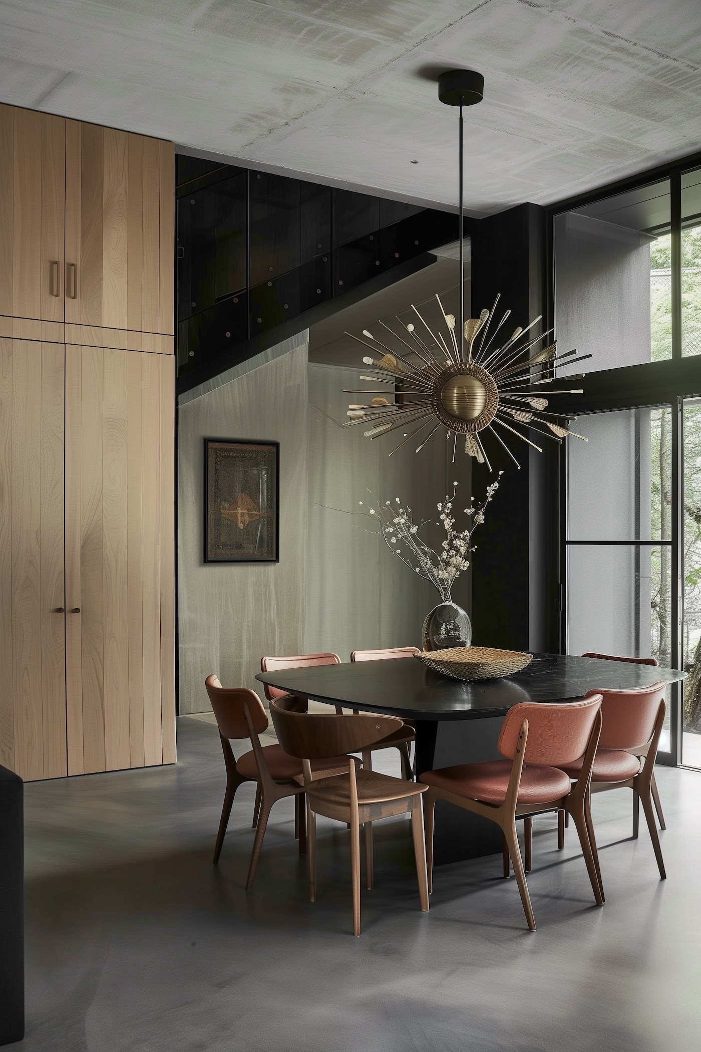 appartement suédois sol béton meuble bois chaise cuir rouge