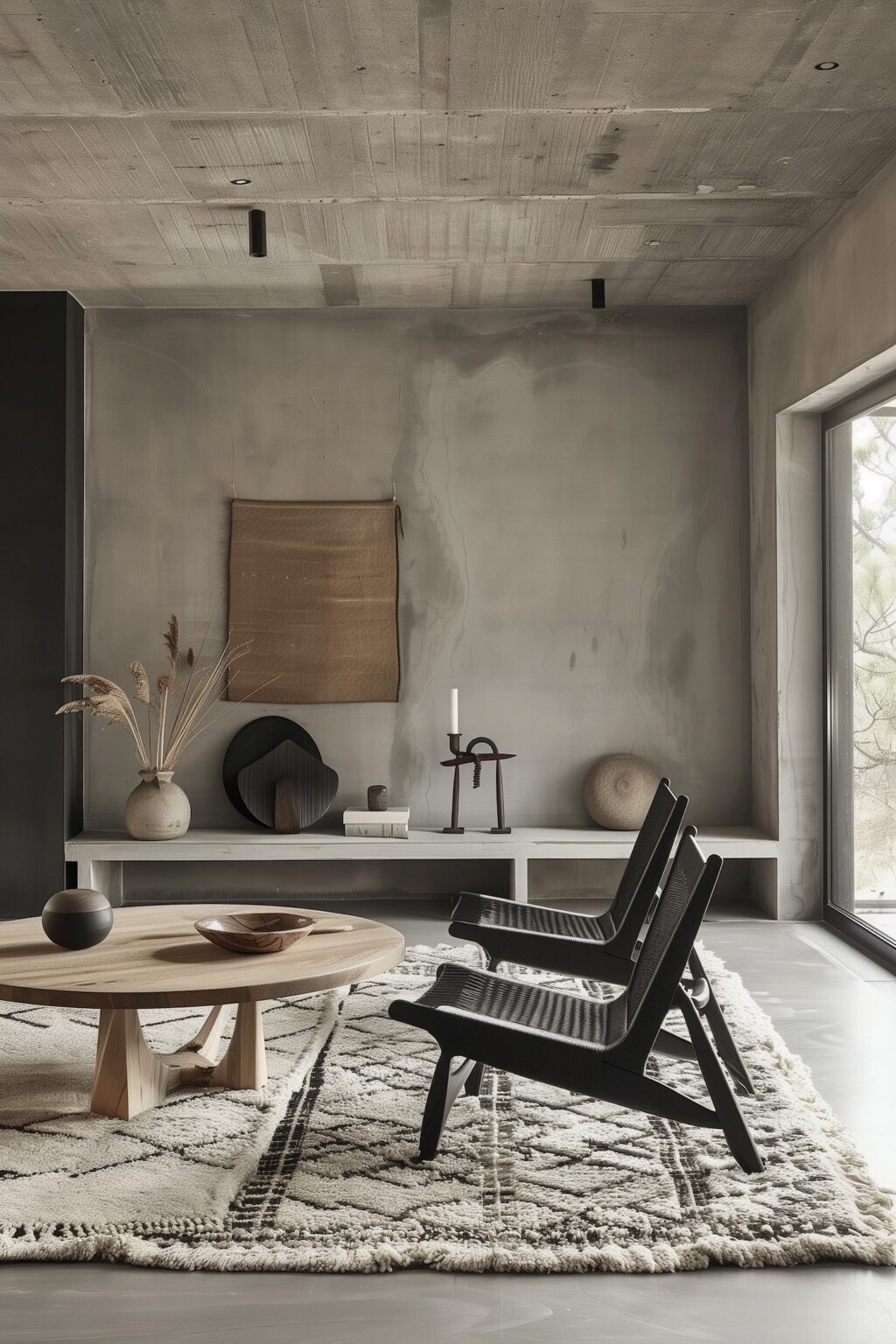 chalet décoration béton brut noir blanc bohème loft