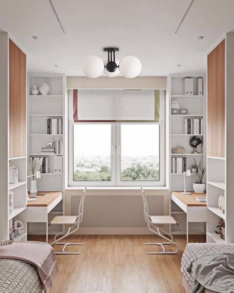 chambre double bureau lit simple deco sobre minimaliste épurée